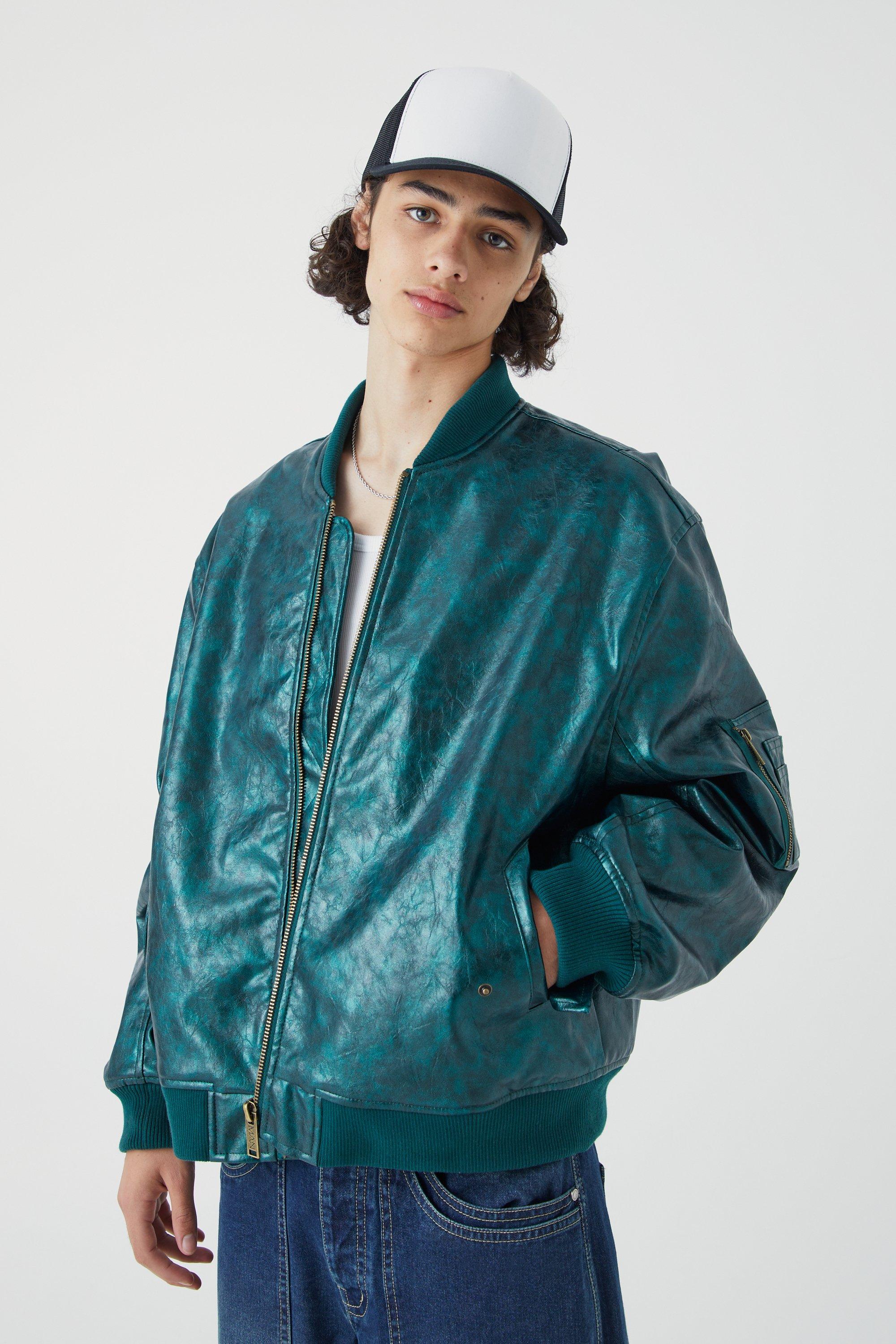 Mens Green High Shine Pu Bomber With Embroidery, Green