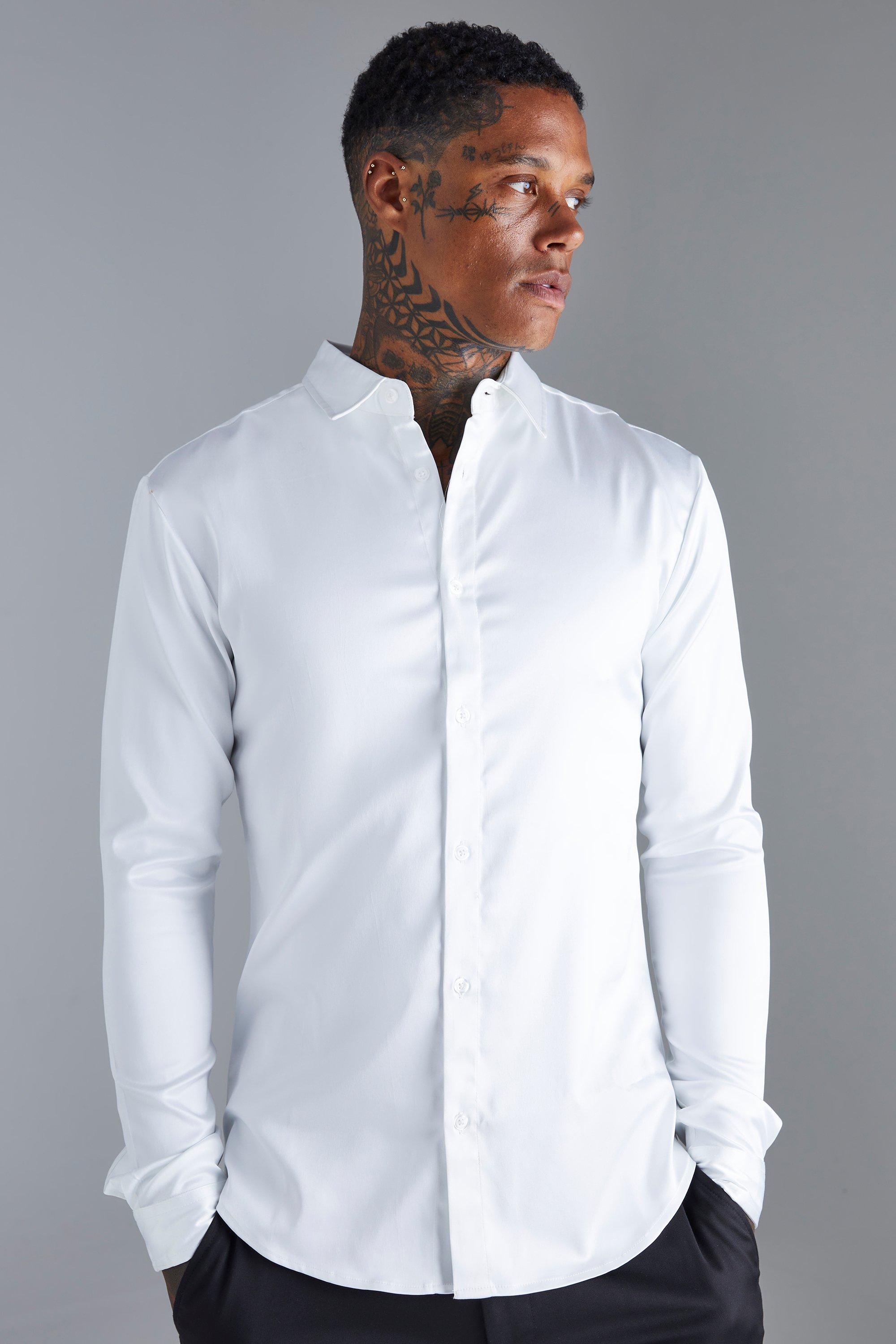 Image of Camicia attillata a maniche lunghe in raso, Bianco