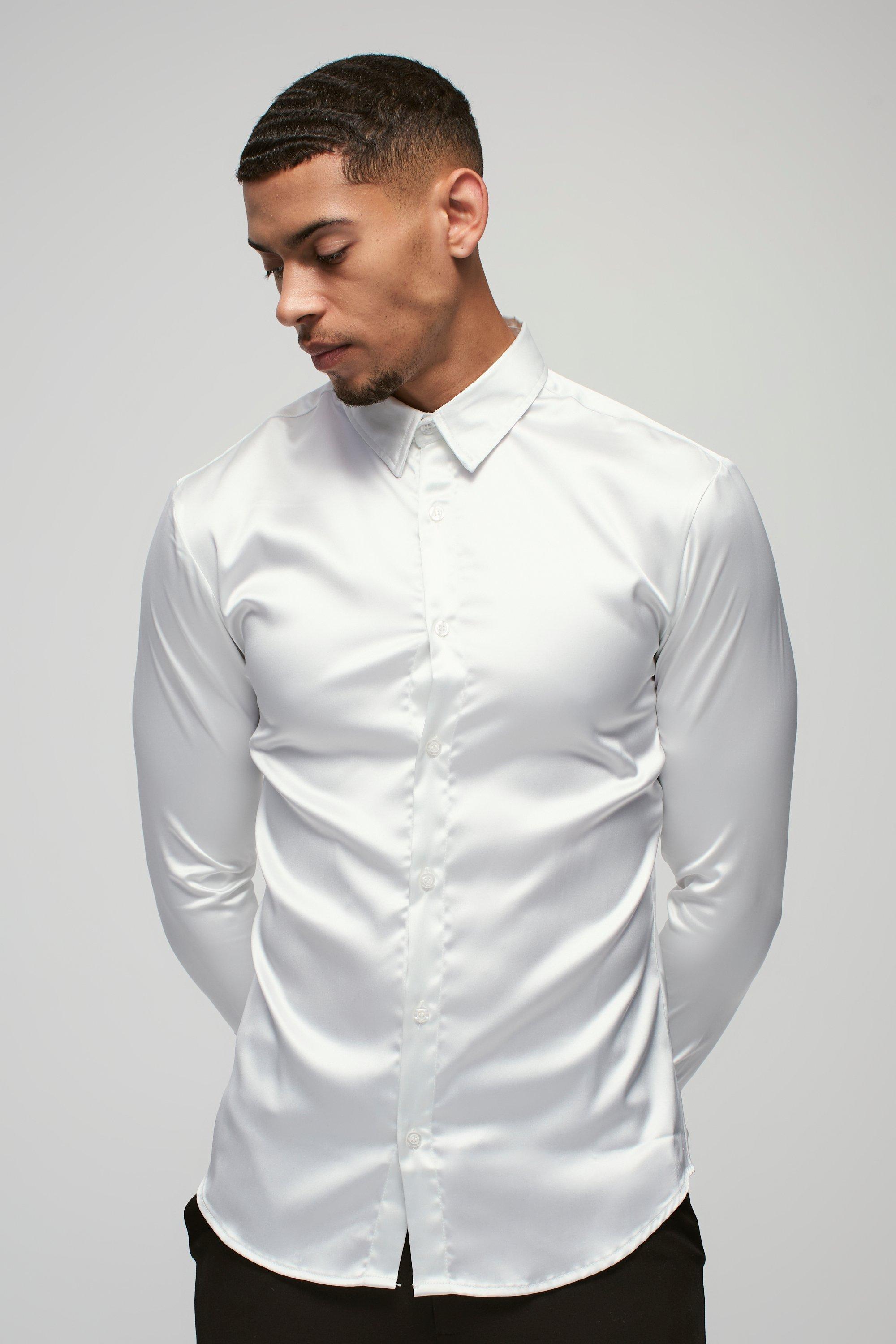Mens White Long Sleeve Stretch Fit Satin Shirt, White