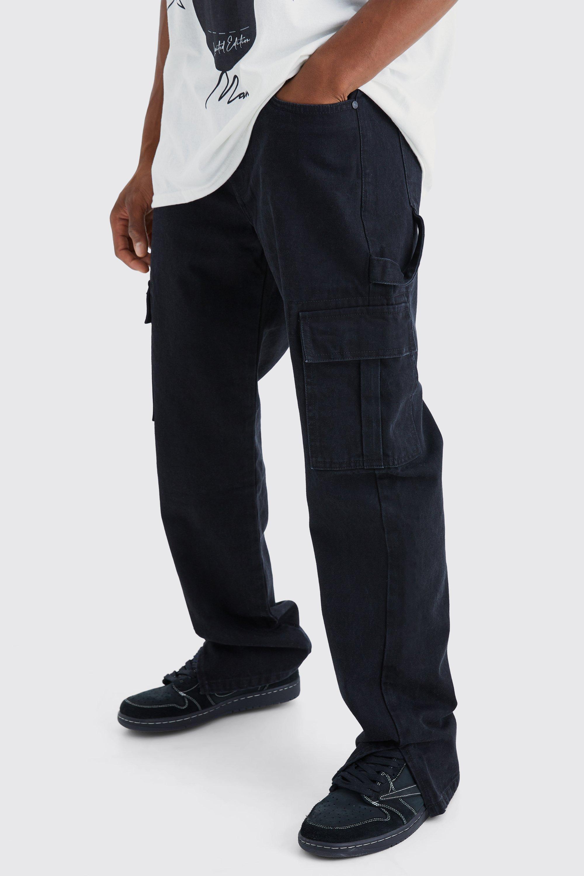 Image of Jeans rilassati in denim rigido stile Carpenter con spacco sul fondo, Nero