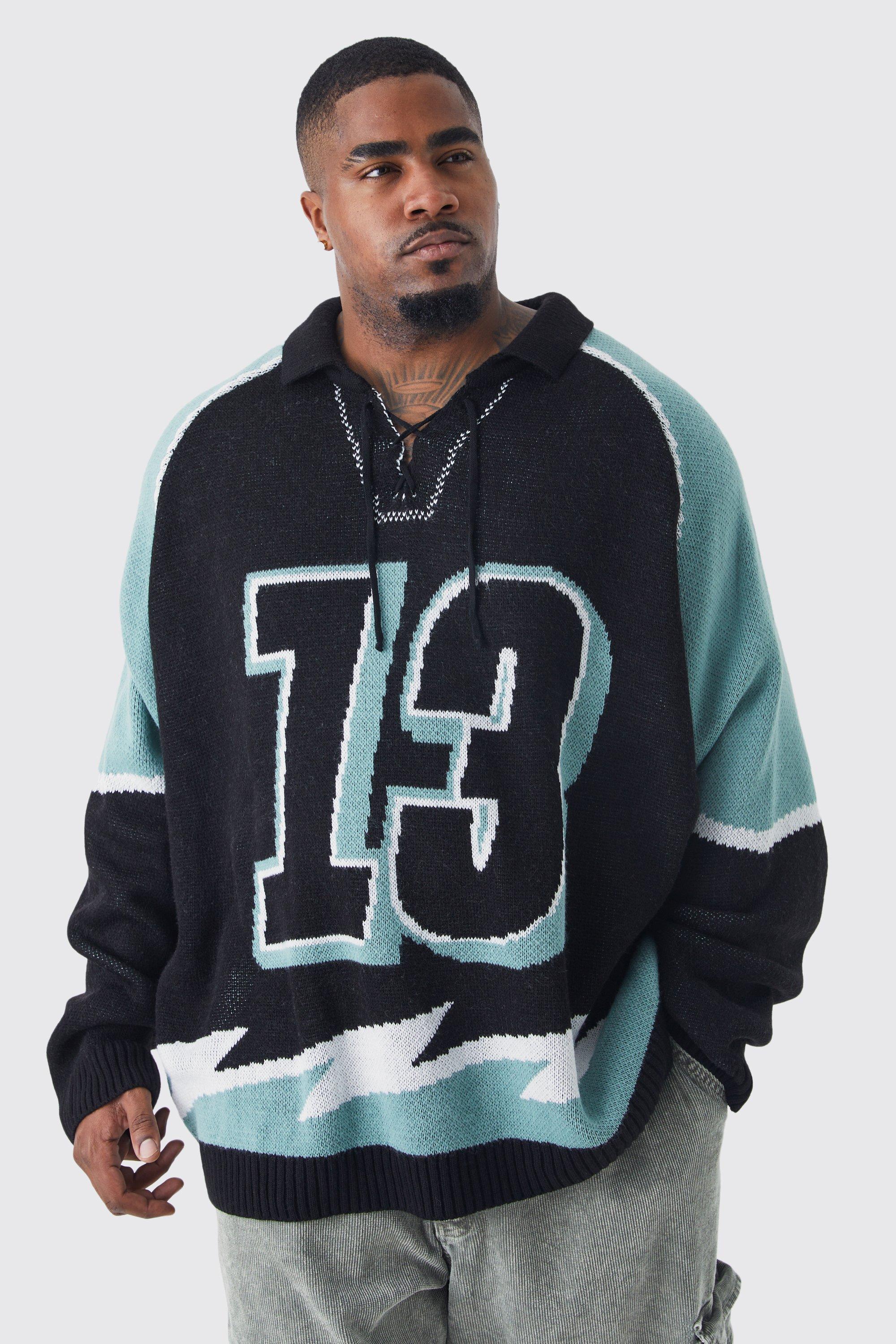 Mens Black Plus Oversized Lace Up Hockey Jumper, Black