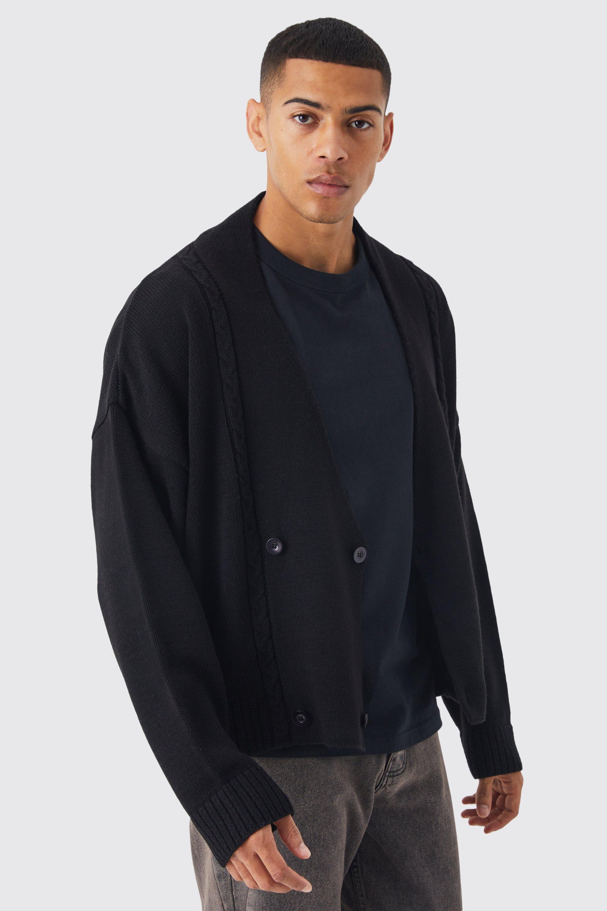 Mens Black Boxy Double Breasted Collarless Cardigan, Black