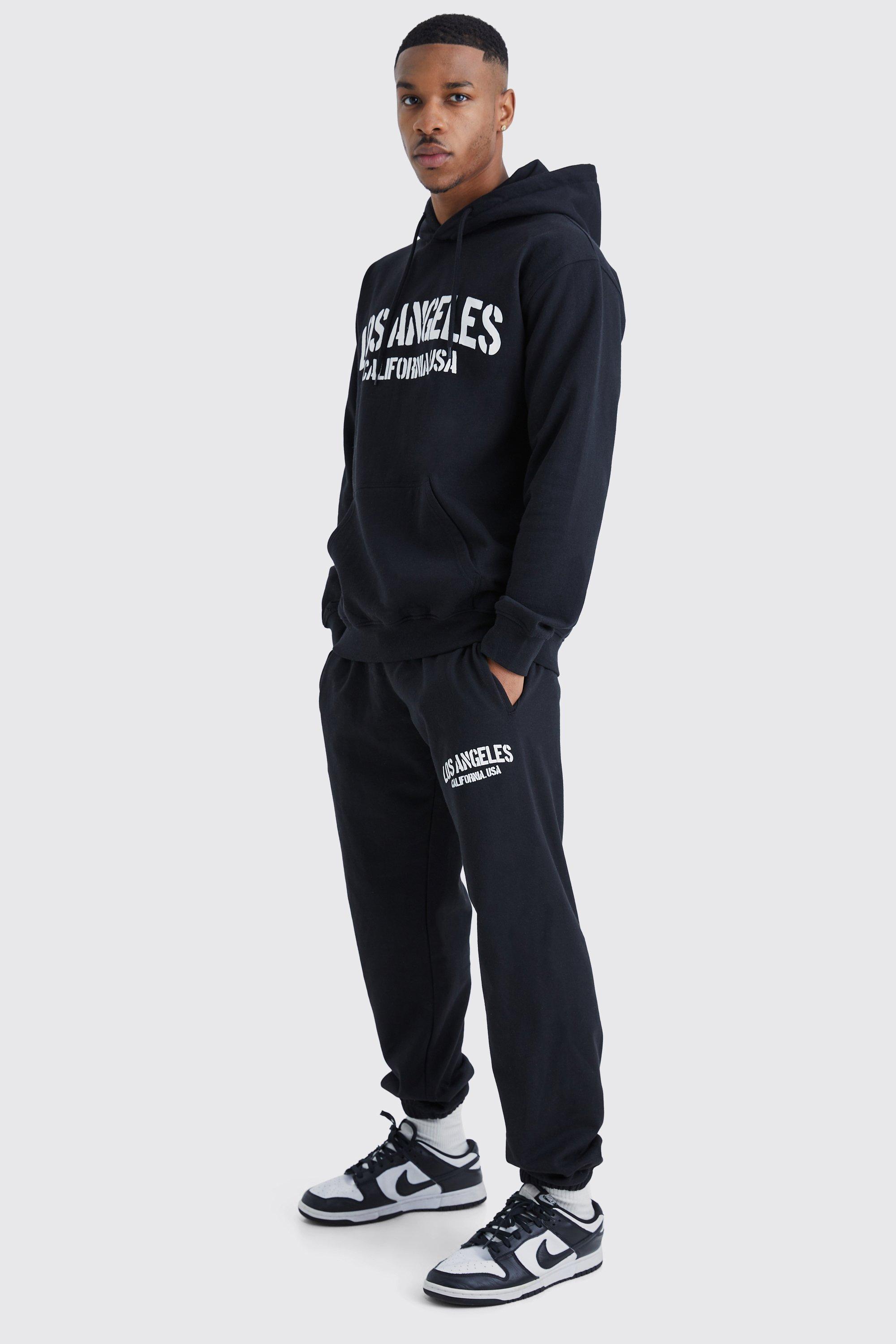 Mens Black Oversized Los Angeles Hooded Tracksuit, Black