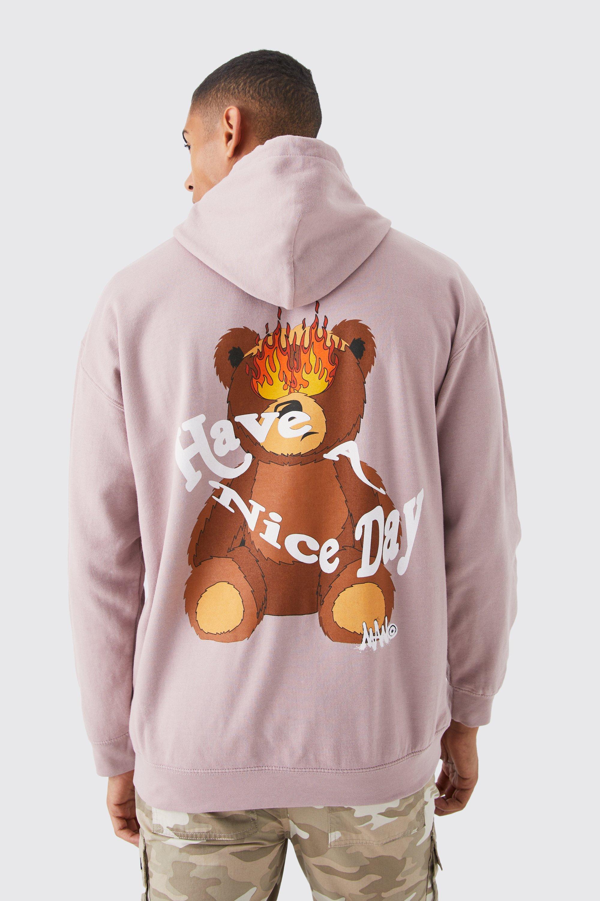 Mens Beige Oversized Teddy Have A Nice Day Hoodie, Beige