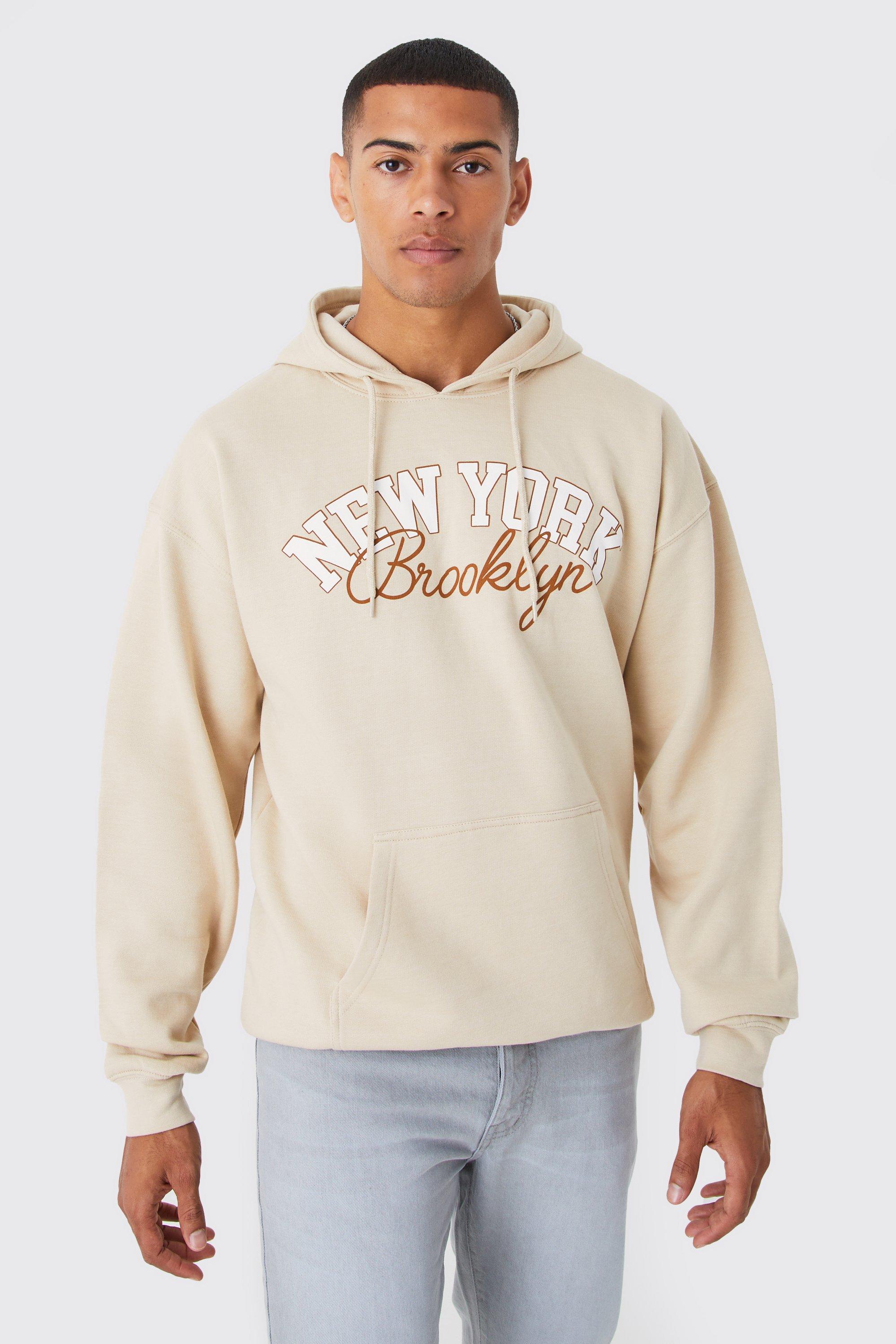 Mens Beige Oversized New York Varsity Hoodie, Beige
