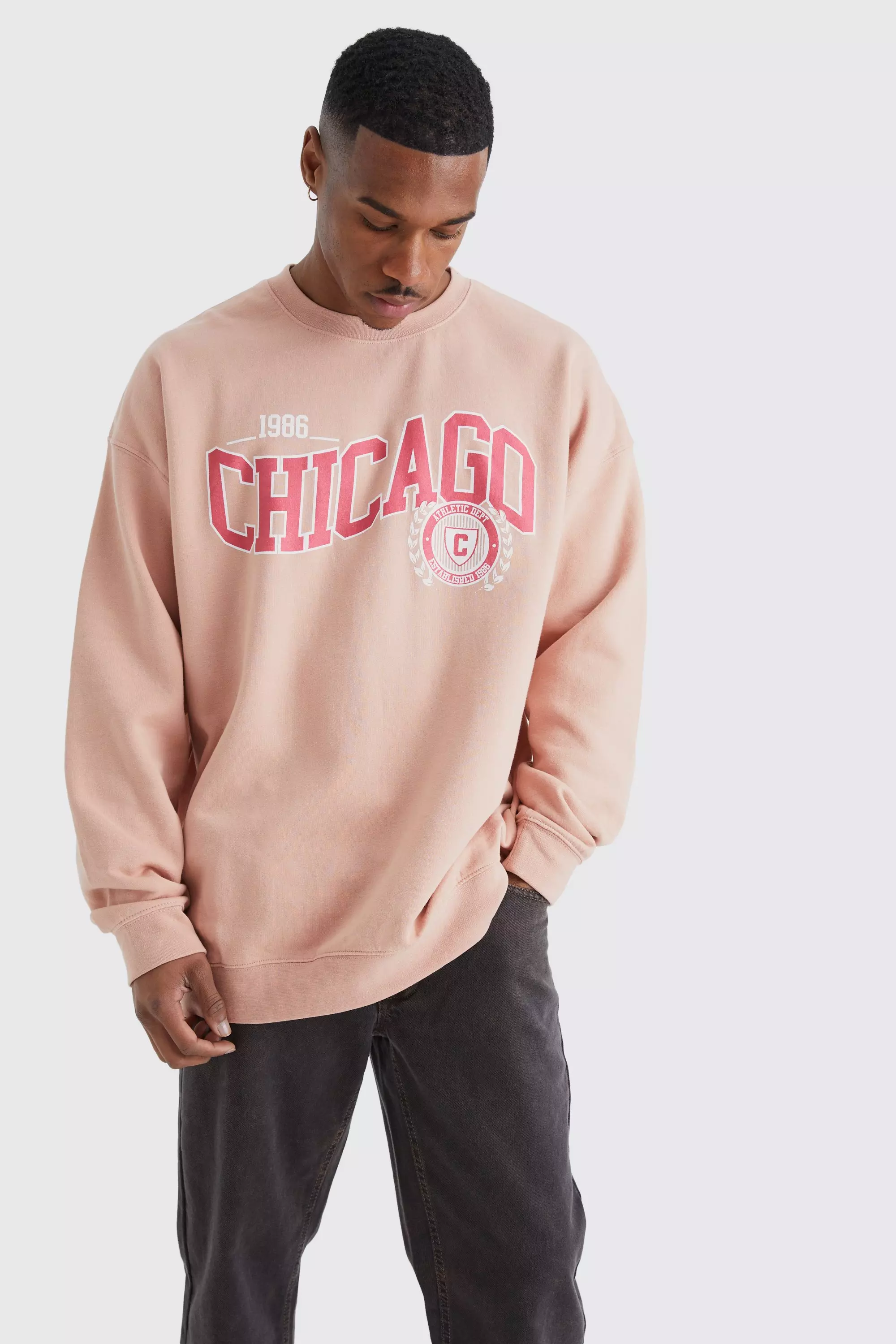 Boohoo Mens Oversized Chicago Varsity Sweatshirt - Beige