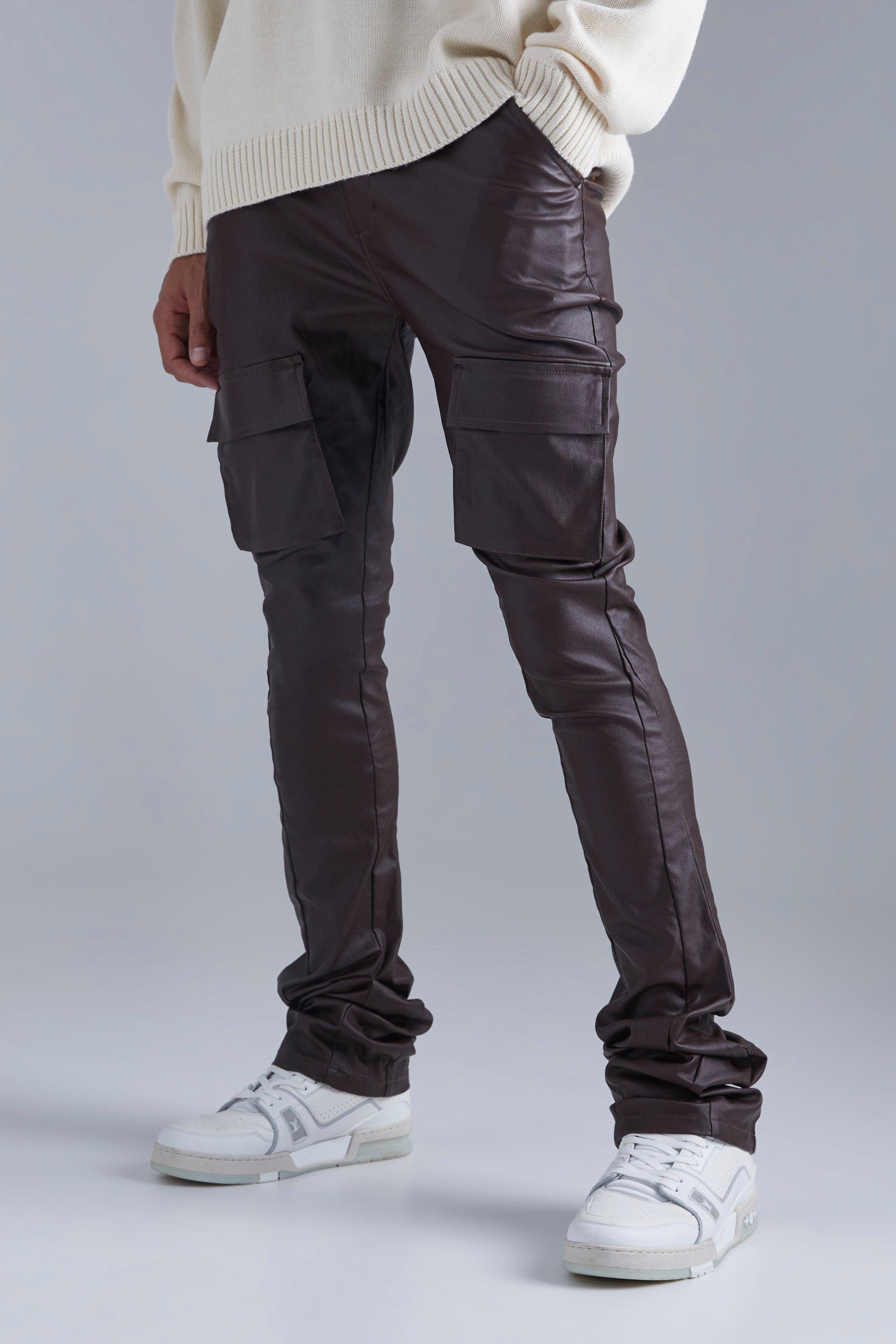 Mens Brown Tall Skinny Stacked Flare Coated Cargo Trouser, Brown