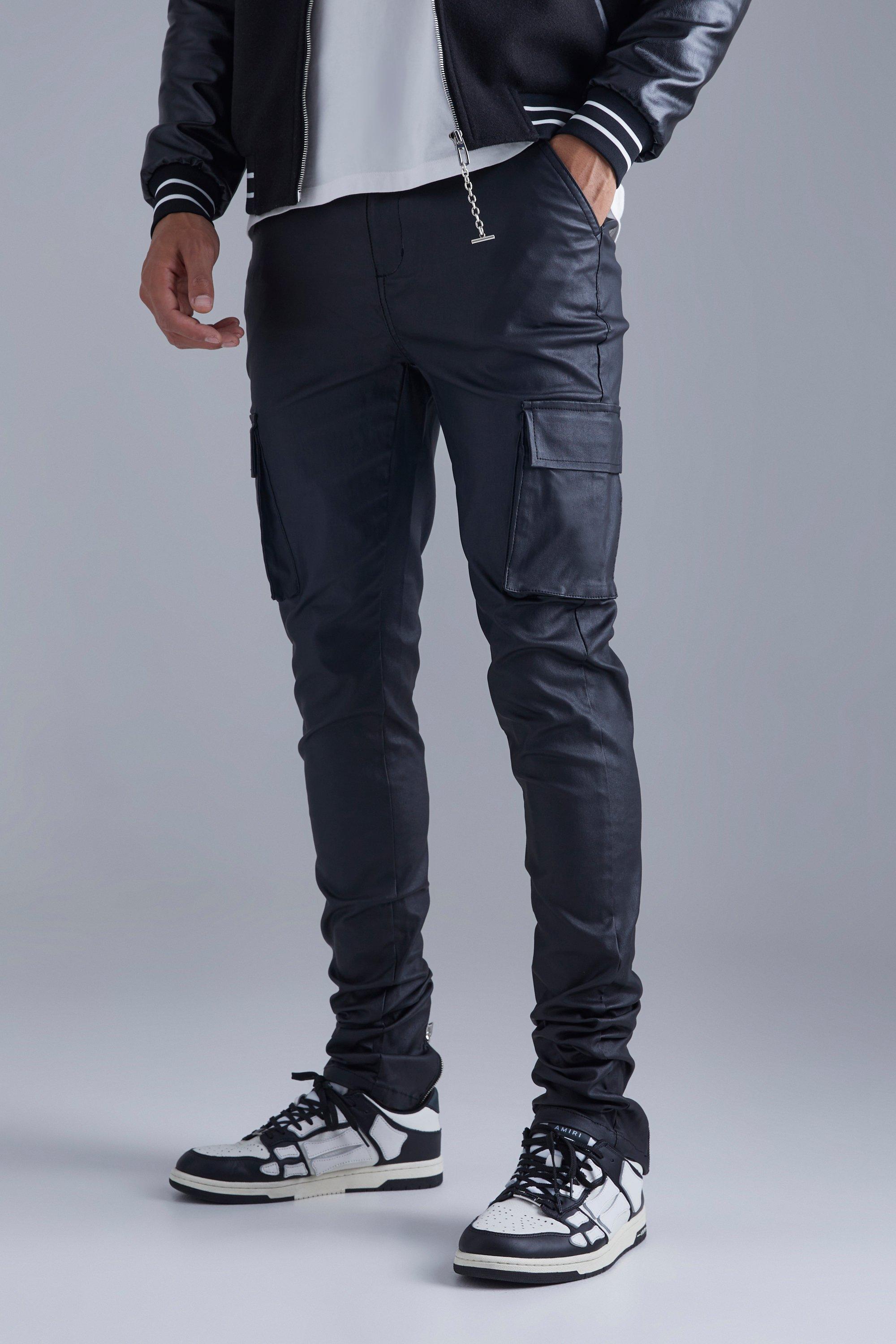 Mens Black Tall Skinny Stacked Coated Twill Cargo Trouser, Black