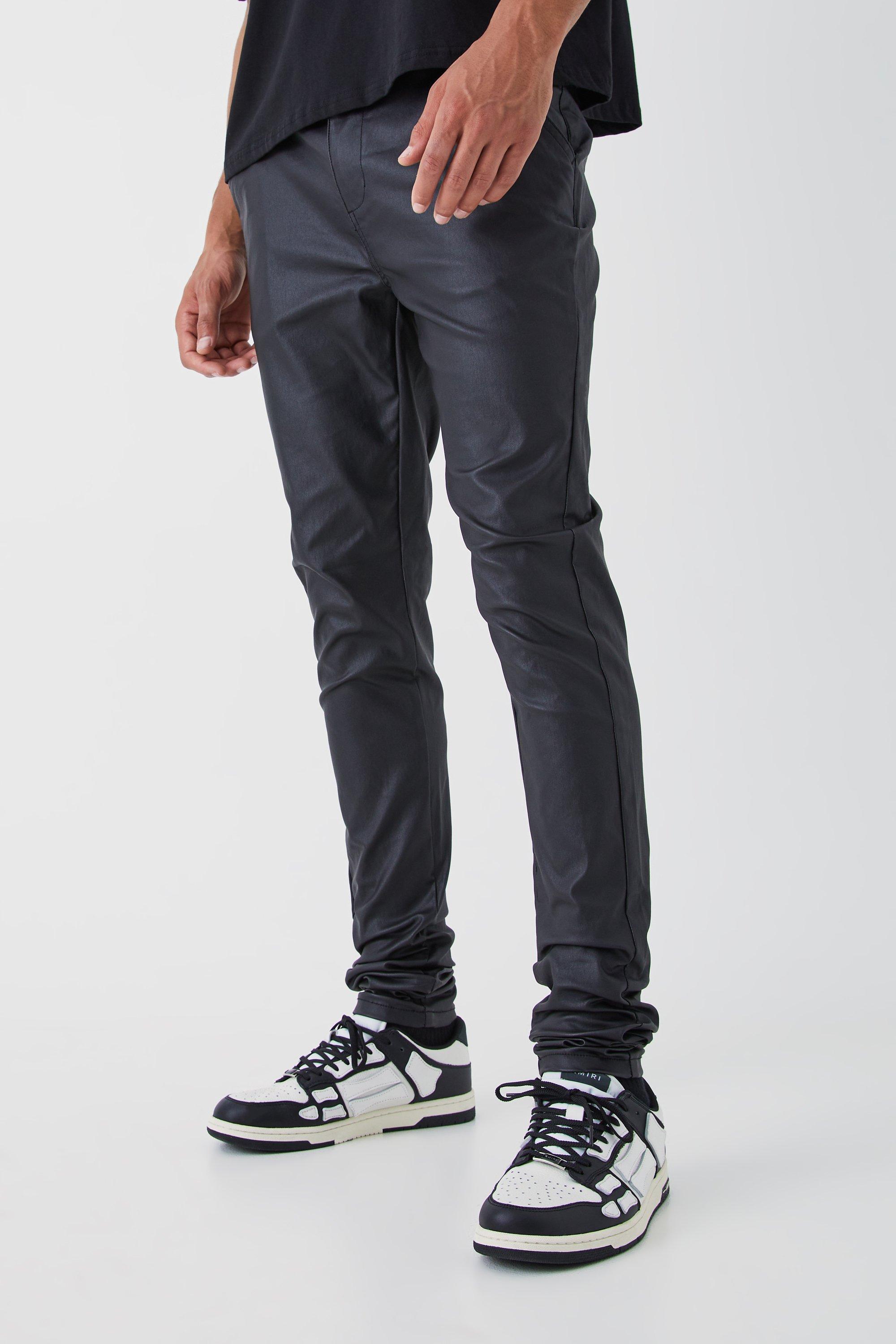 Mens Black Tall Skinny Stacked Coated Twill Trouser, Black