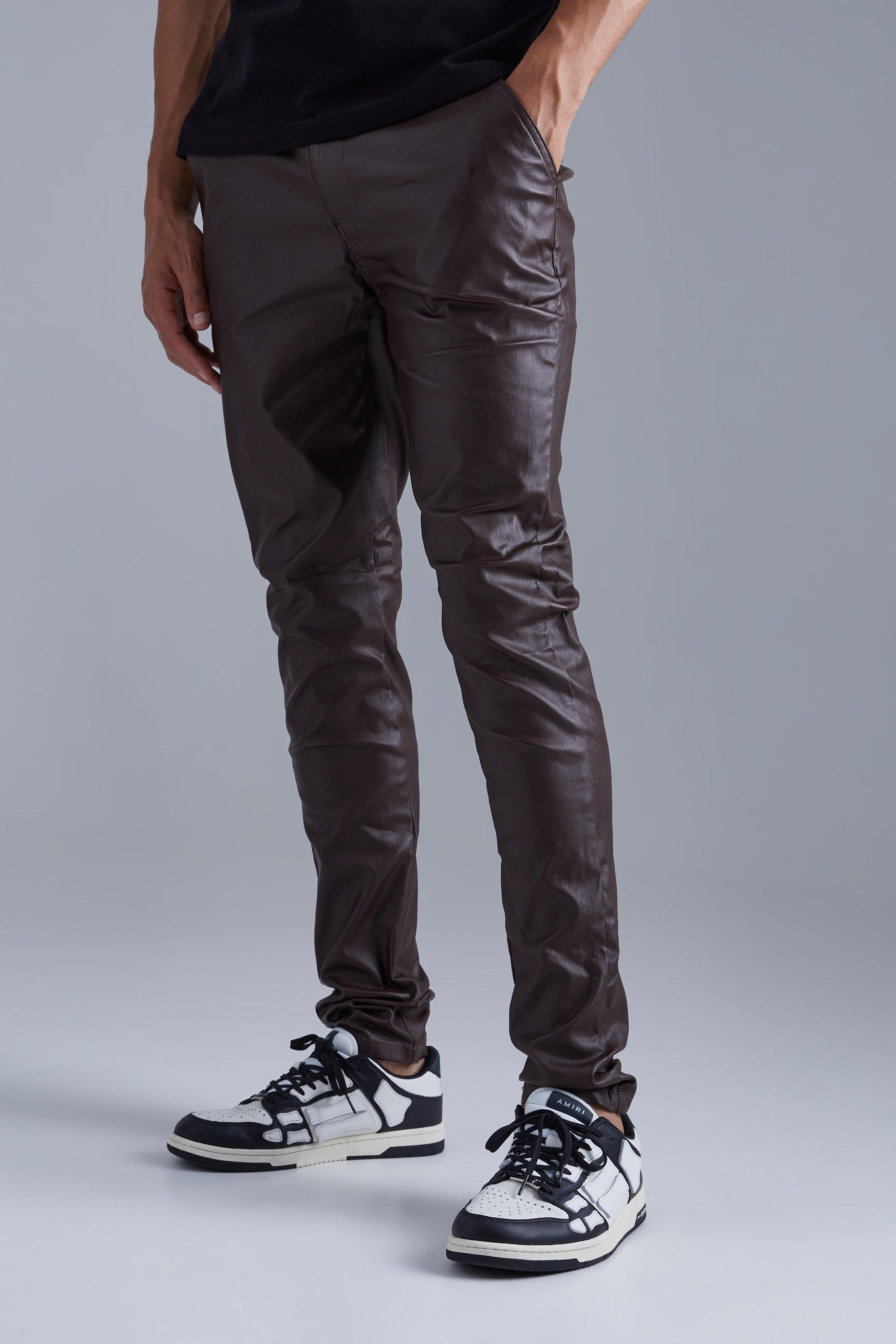 Mens Brown Tall Skinny Fit Coated Twill Trouser, Brown