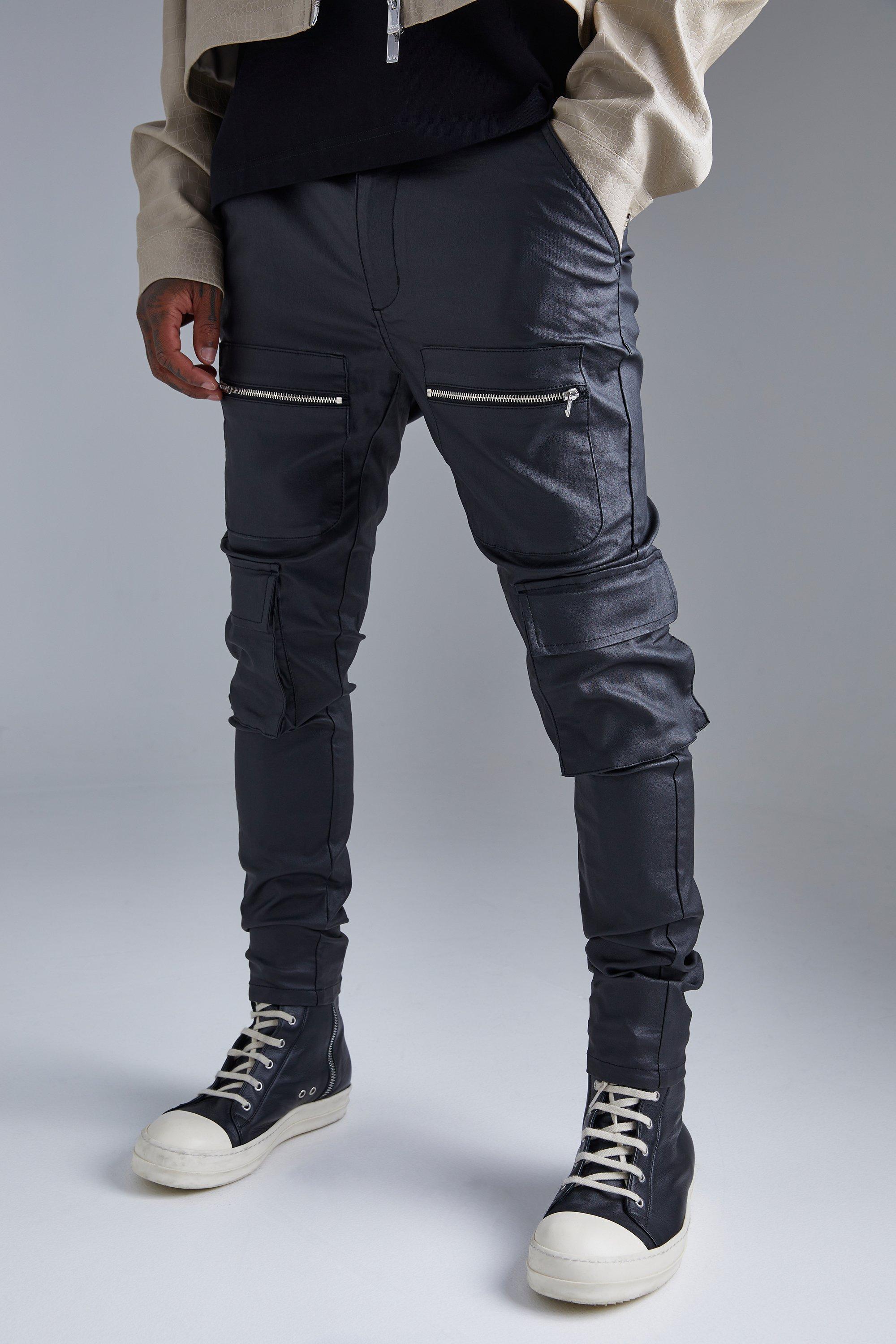Image of Pantaloni Cargo Skinny Fit in twill rivestito con zip, Nero