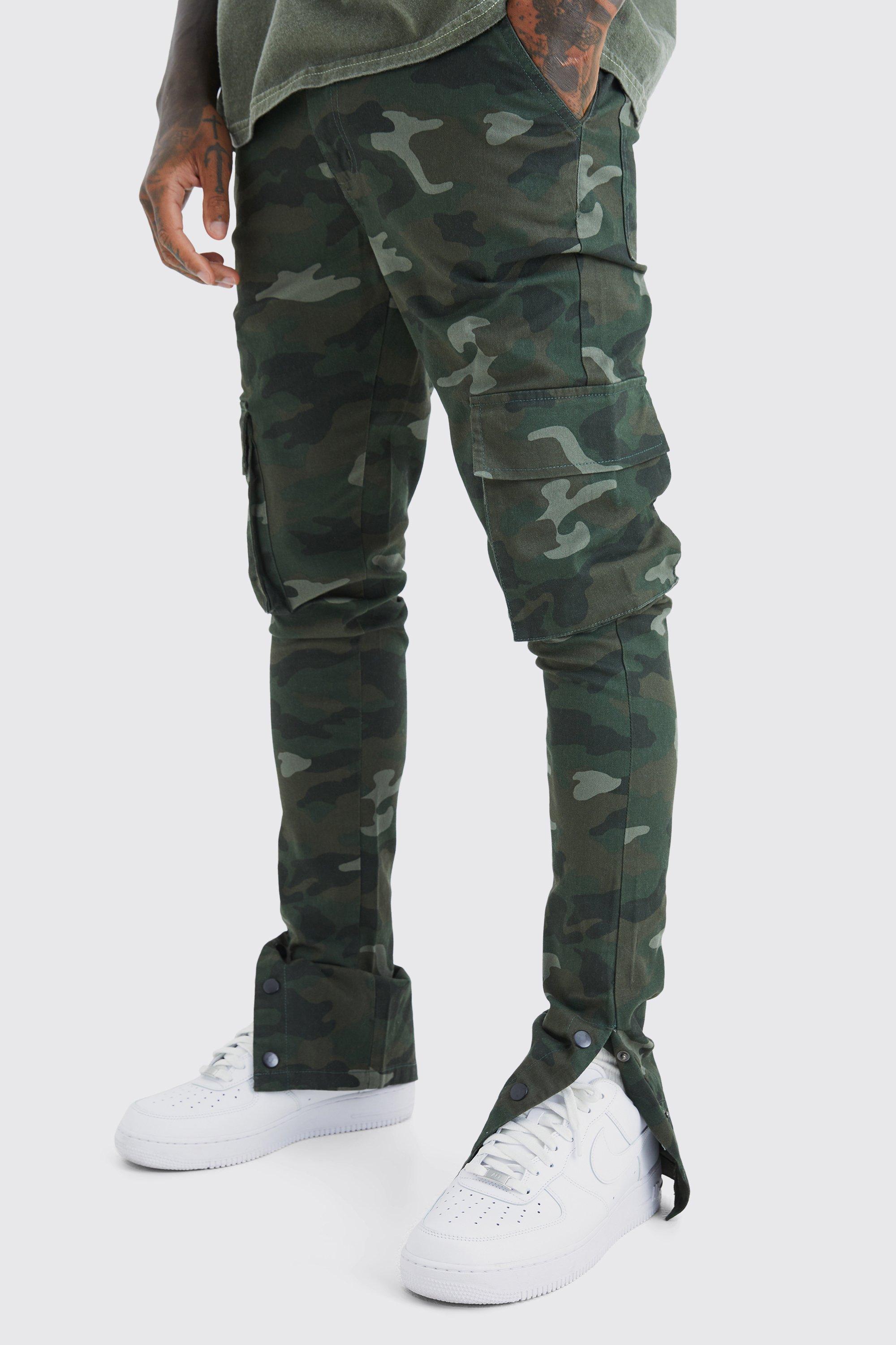 Mens Green Skinny Stacked Popper Hem Camo Cargo Trouser, Green