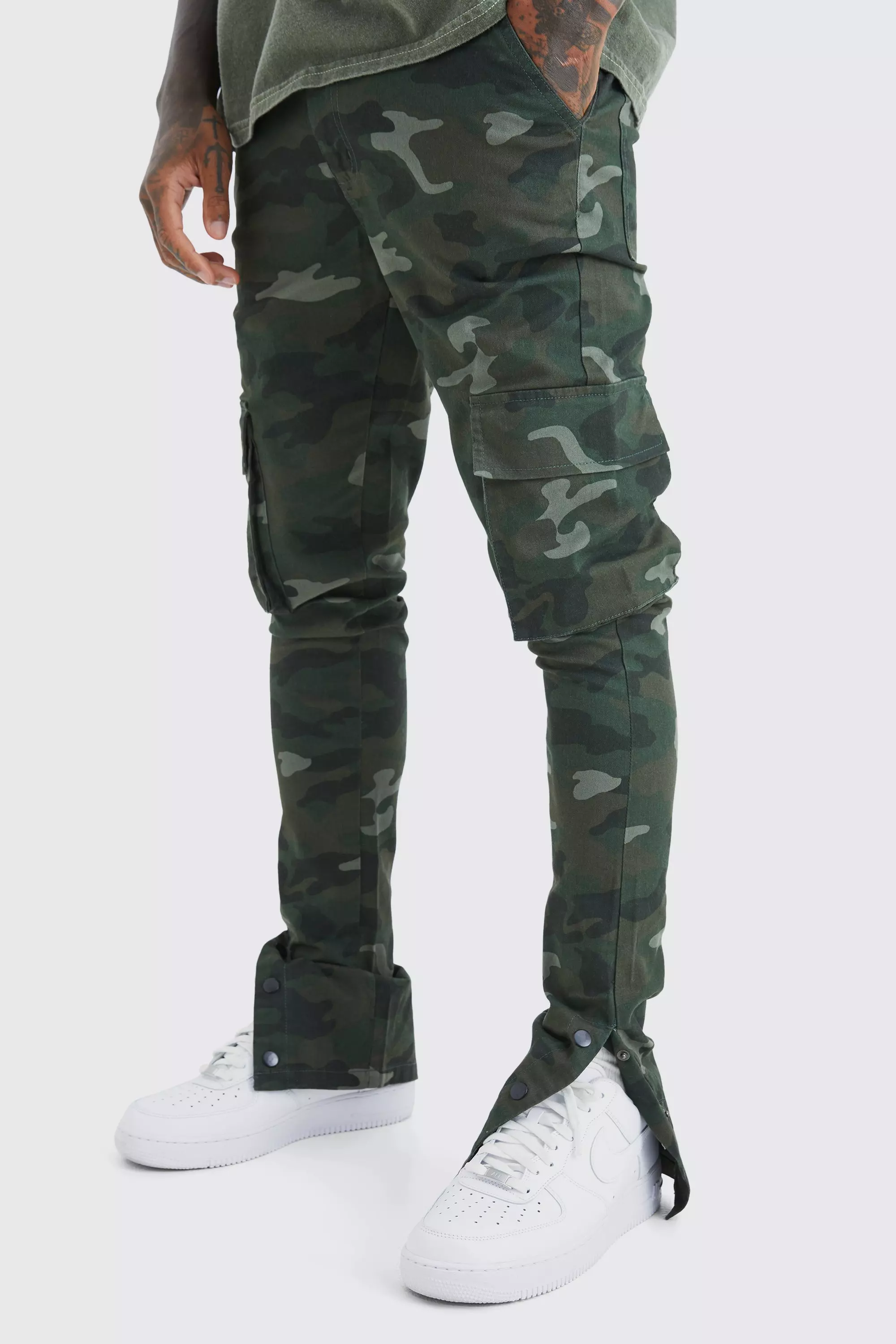 Tall Slim Flare Popper Hem Paint Splatter Cargo Pants