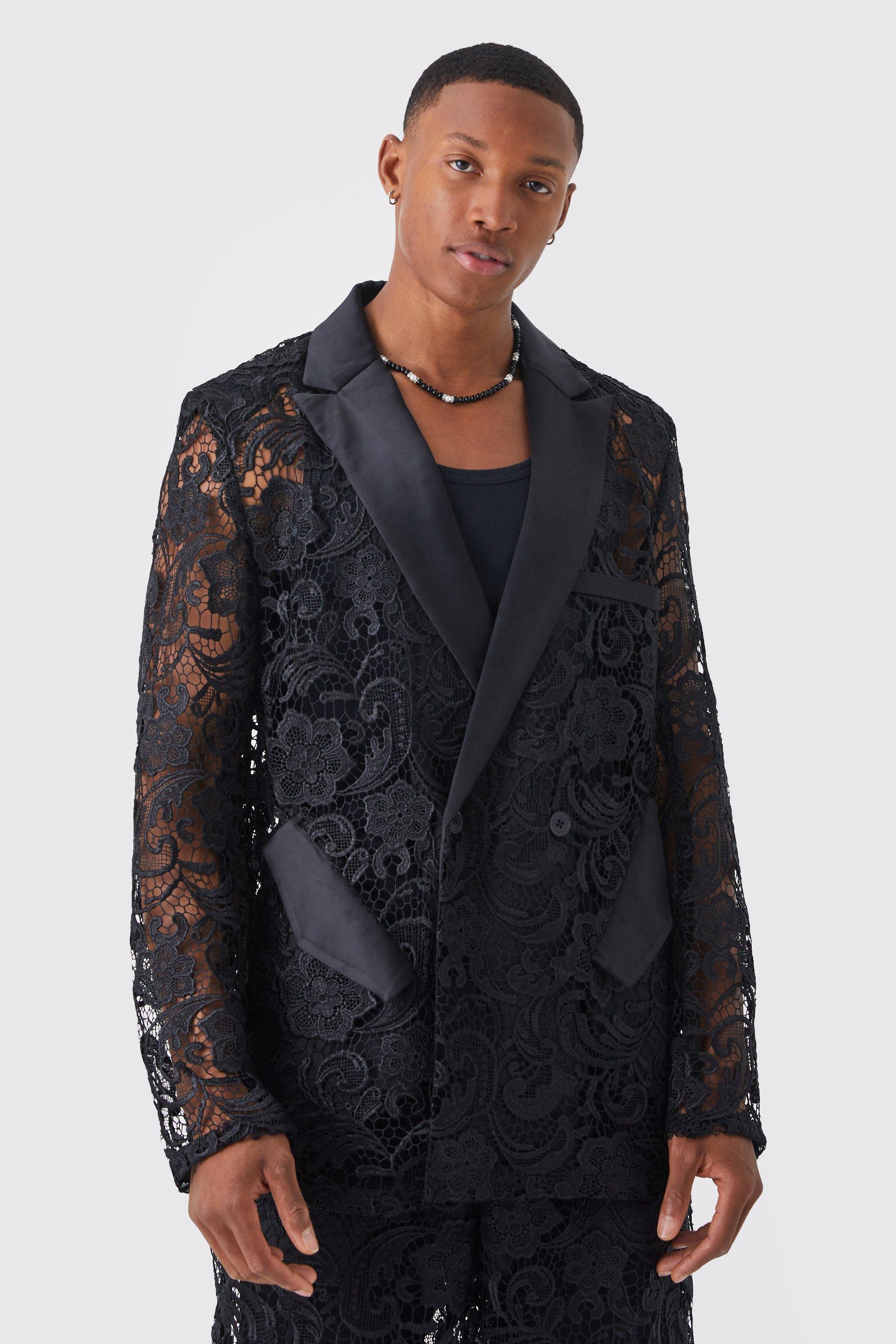 Mens Black Relaxed Fit Double Breasted Lace Blazer, Black