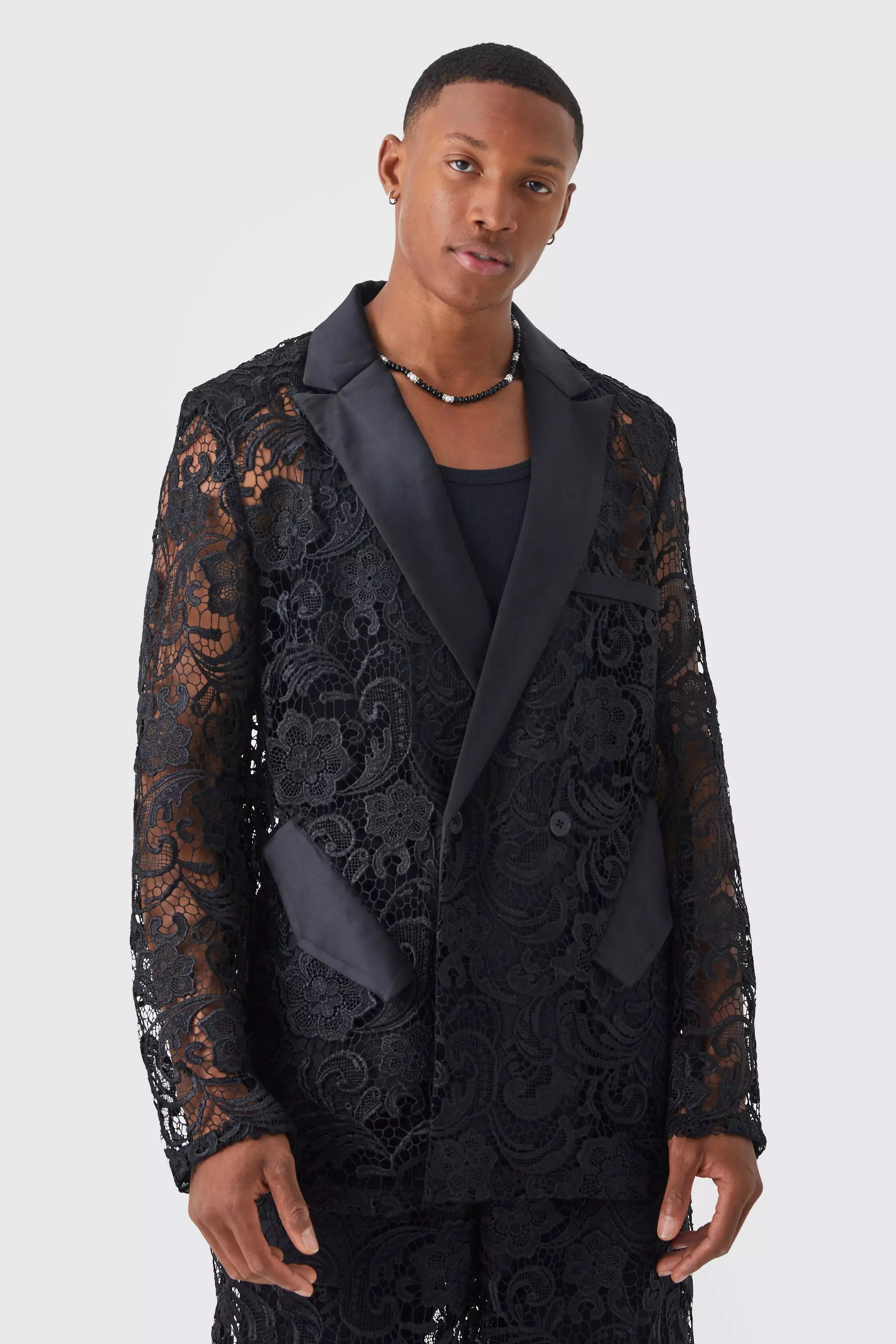 Relaxed Fit Double Breasted Lace Blazer