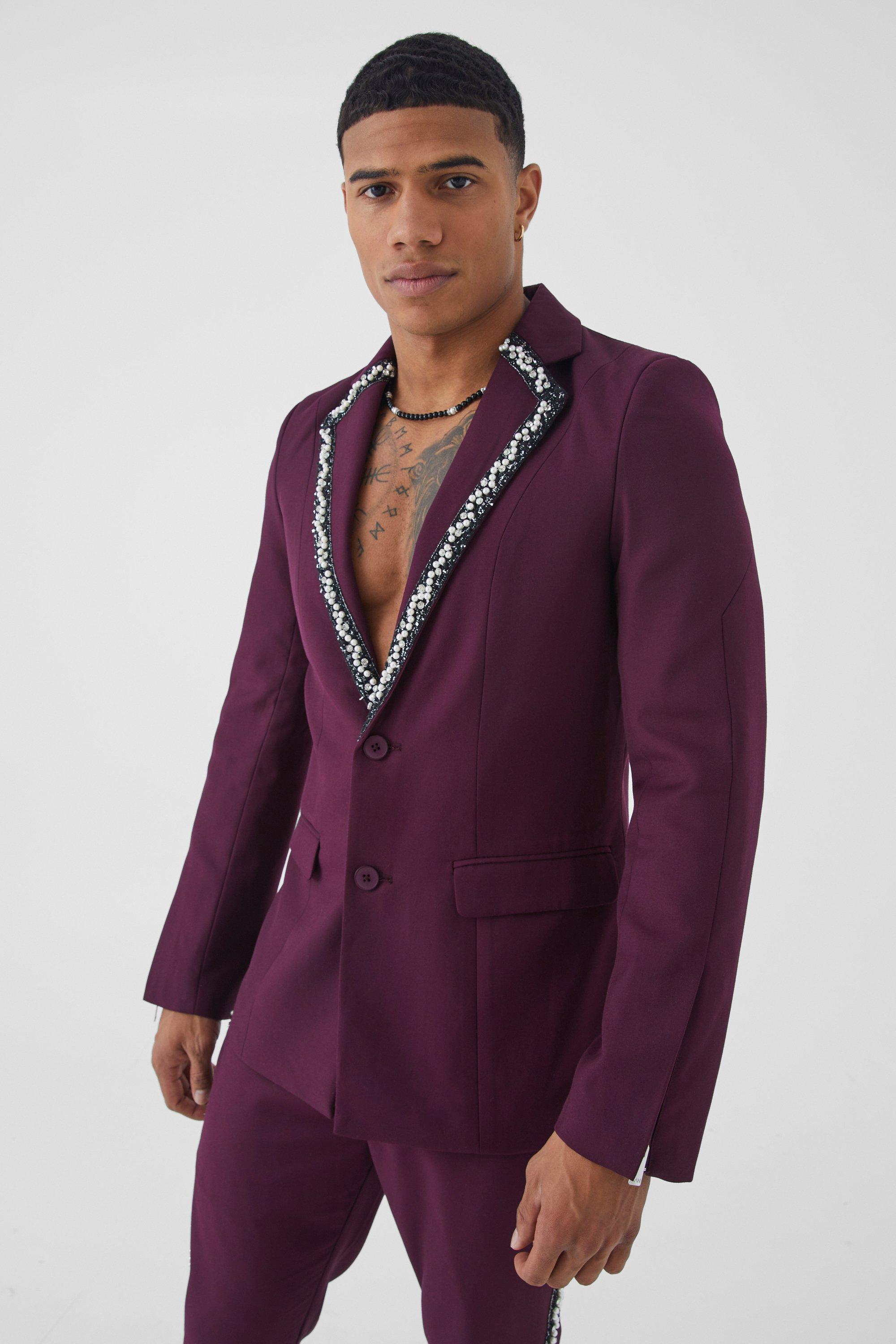 Mens Purple Skinny Fit Single Breasted Embellished Blazer, Purple