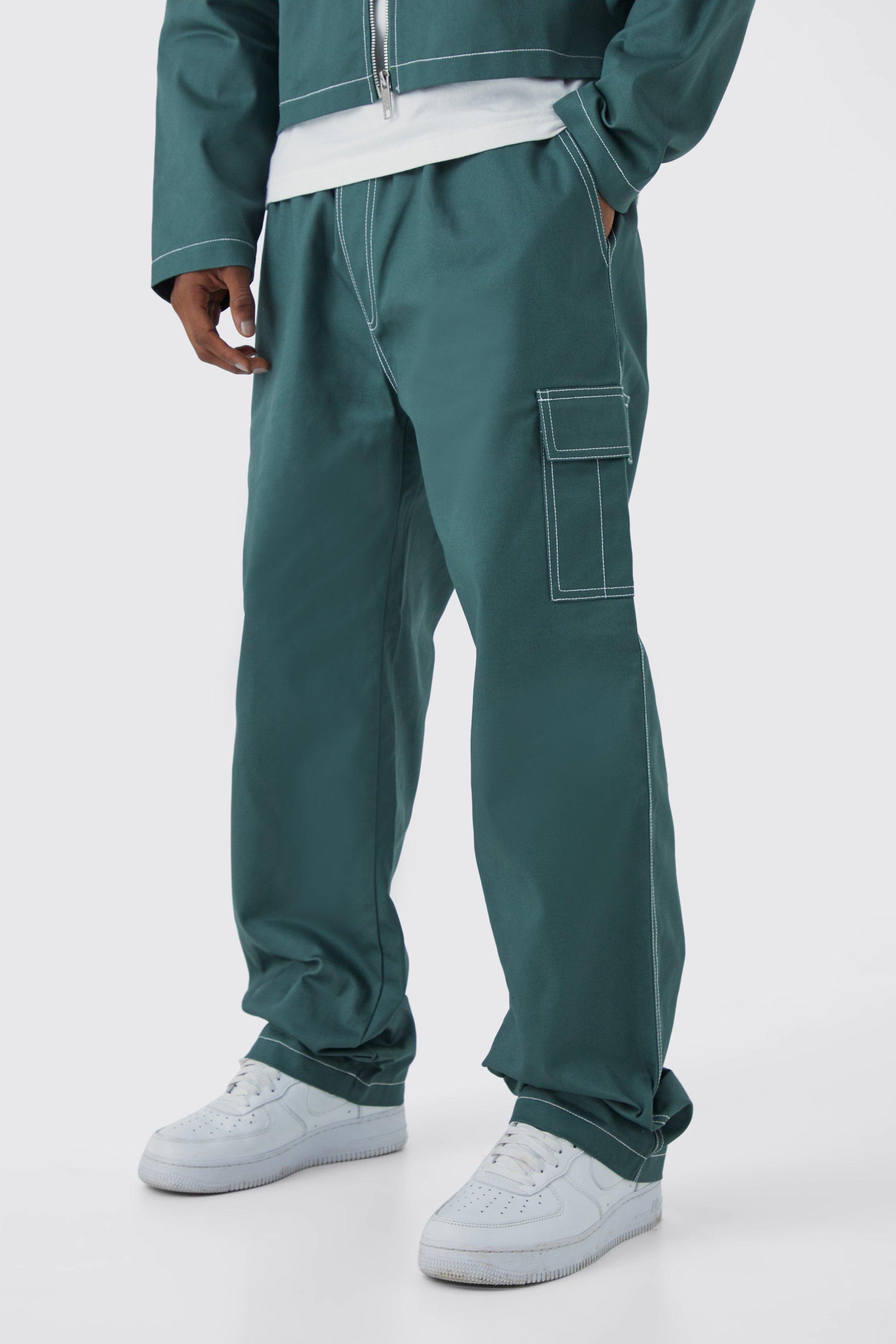 Image of Pantaloni Cargo rilassati in twill con fascia in vita elasticizzata e cuciture a contrasto, Verde