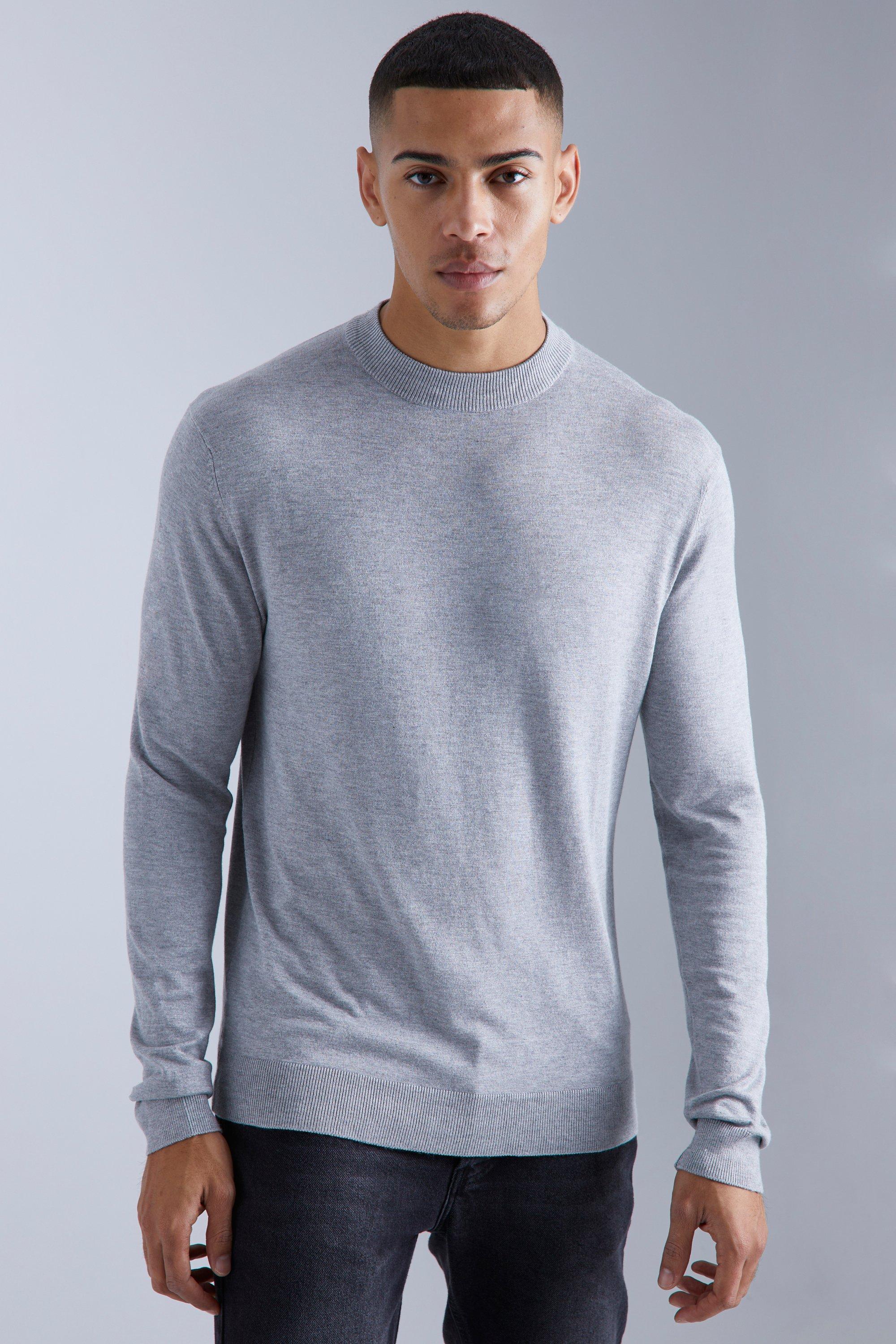 Mens Grey Muscle Fit Ribbed Extended Neck Jumper, Grey