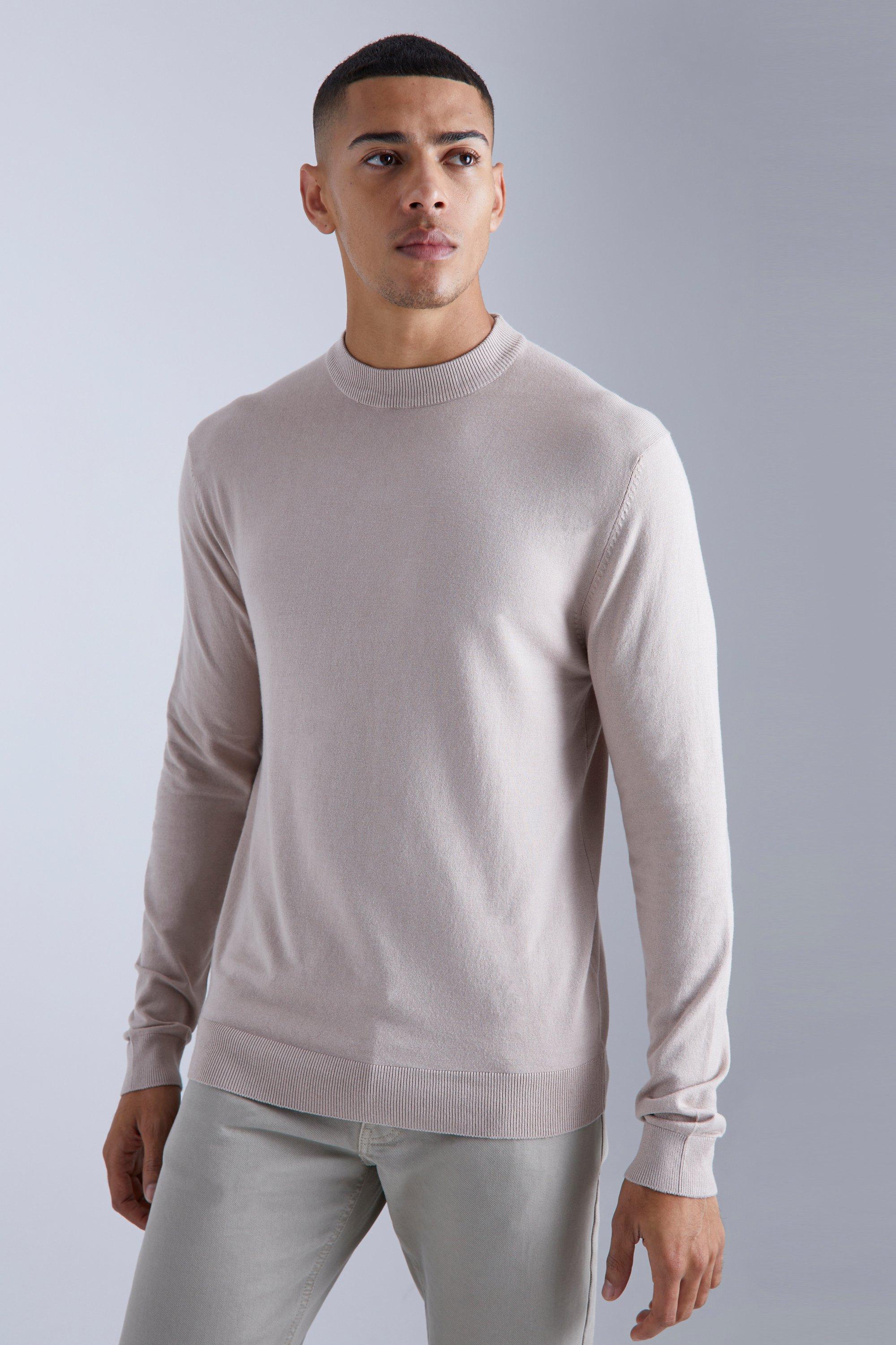 Mens Beige Muscle Fit Ribbed Extended Neck Jumper, Beige