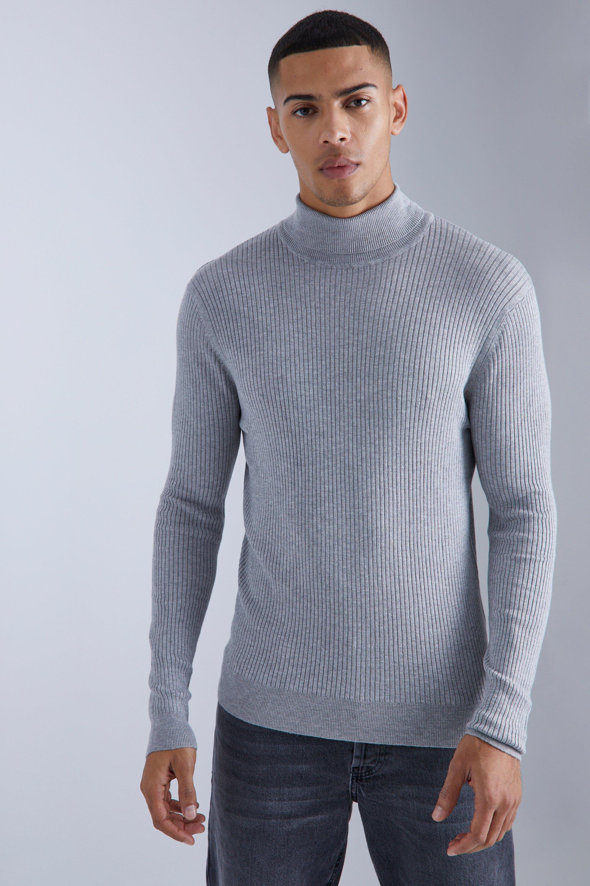 Mens Grey Muscle Fit Ribbed Roll Neck Jumper, Grey