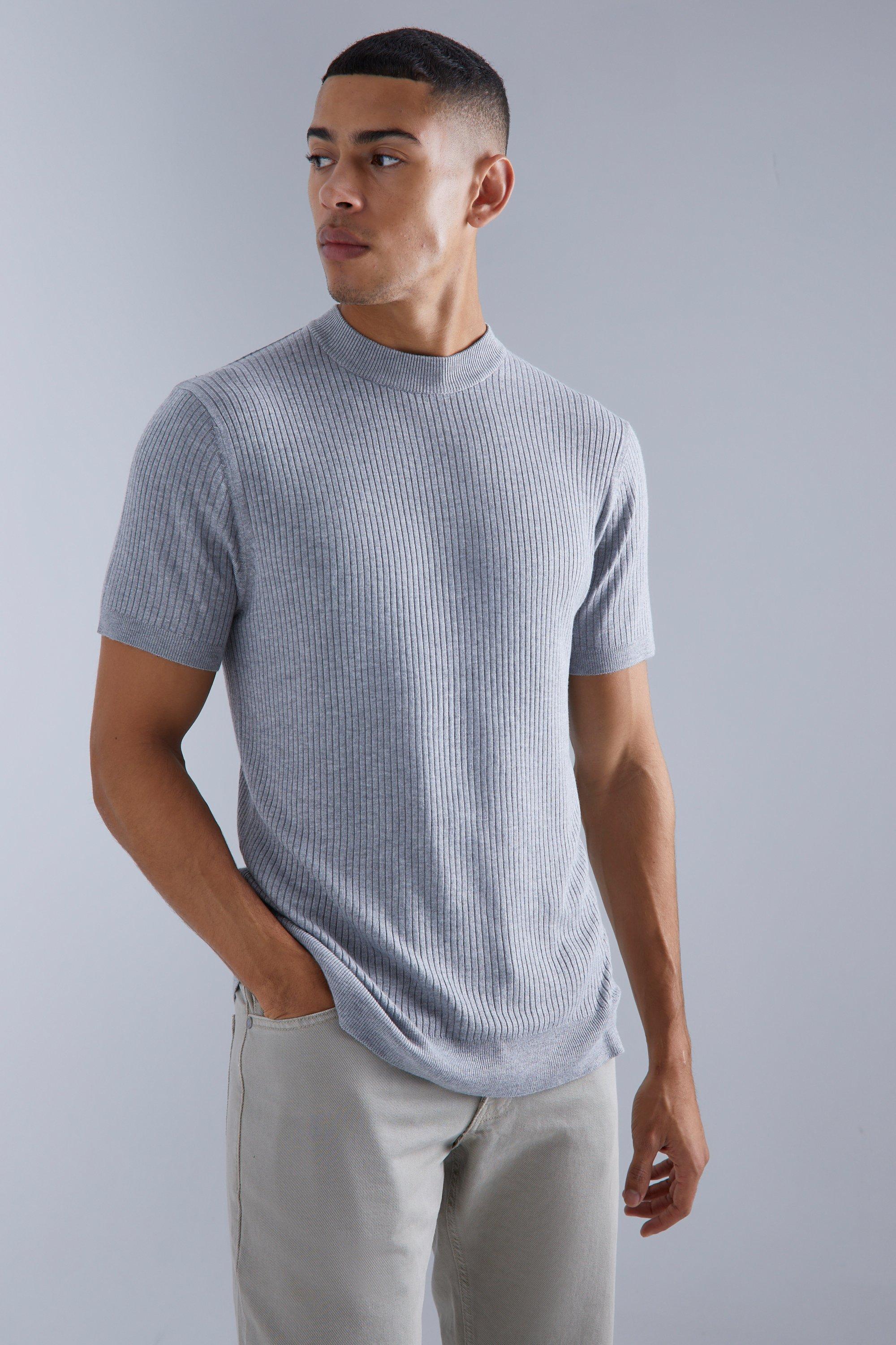 Mens Grey Ribbed Short Sleeve Extended Neck Knitted T-shirt, Grey