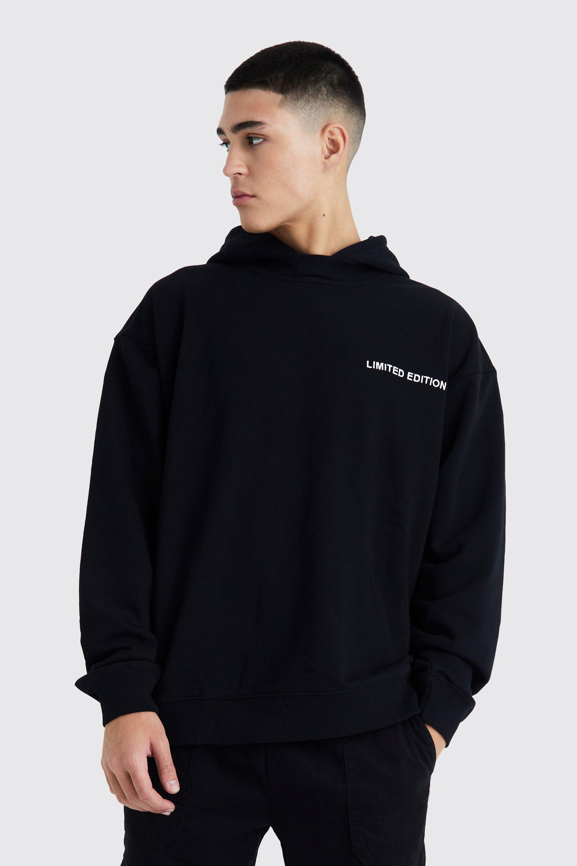 Mens Black Oversized Loopback Hooded Sweatshirt, Black