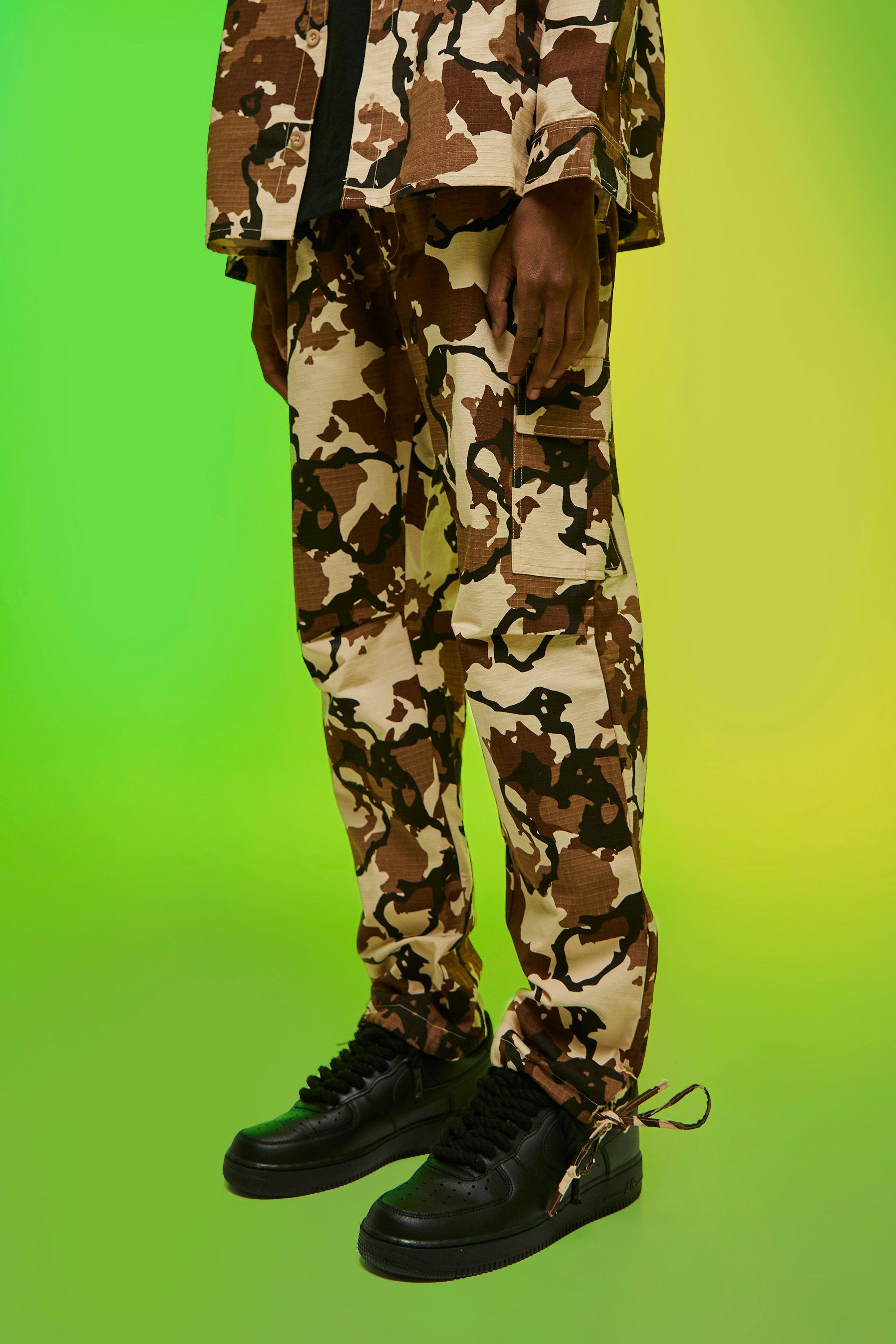 Image of Pantaloni dritti in nylon ripstop in fantasia militare con fascia in vita fissa, Multi