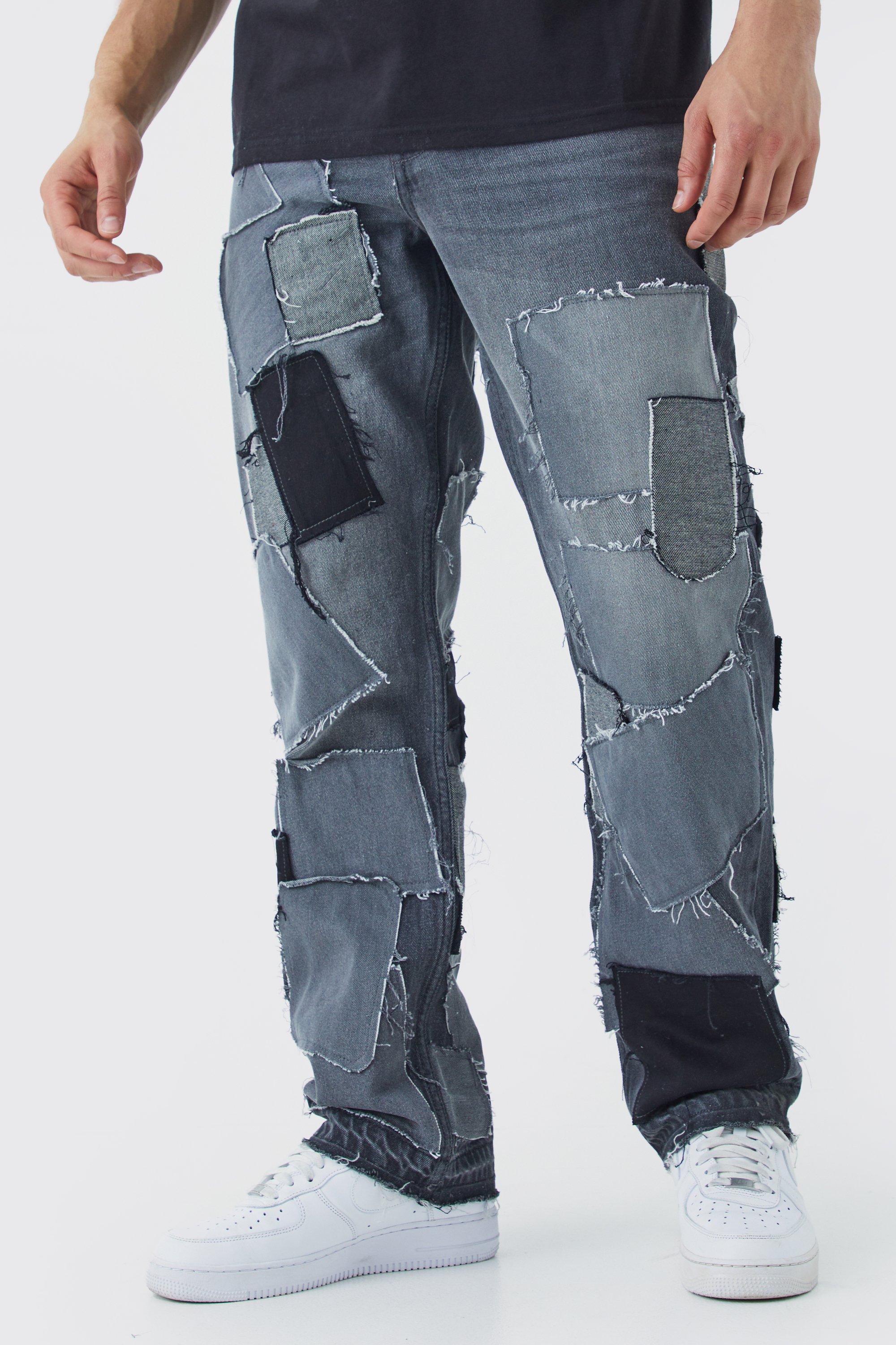Image of Jeans rilassati effetto smagliato effetto patchwork, Grigio