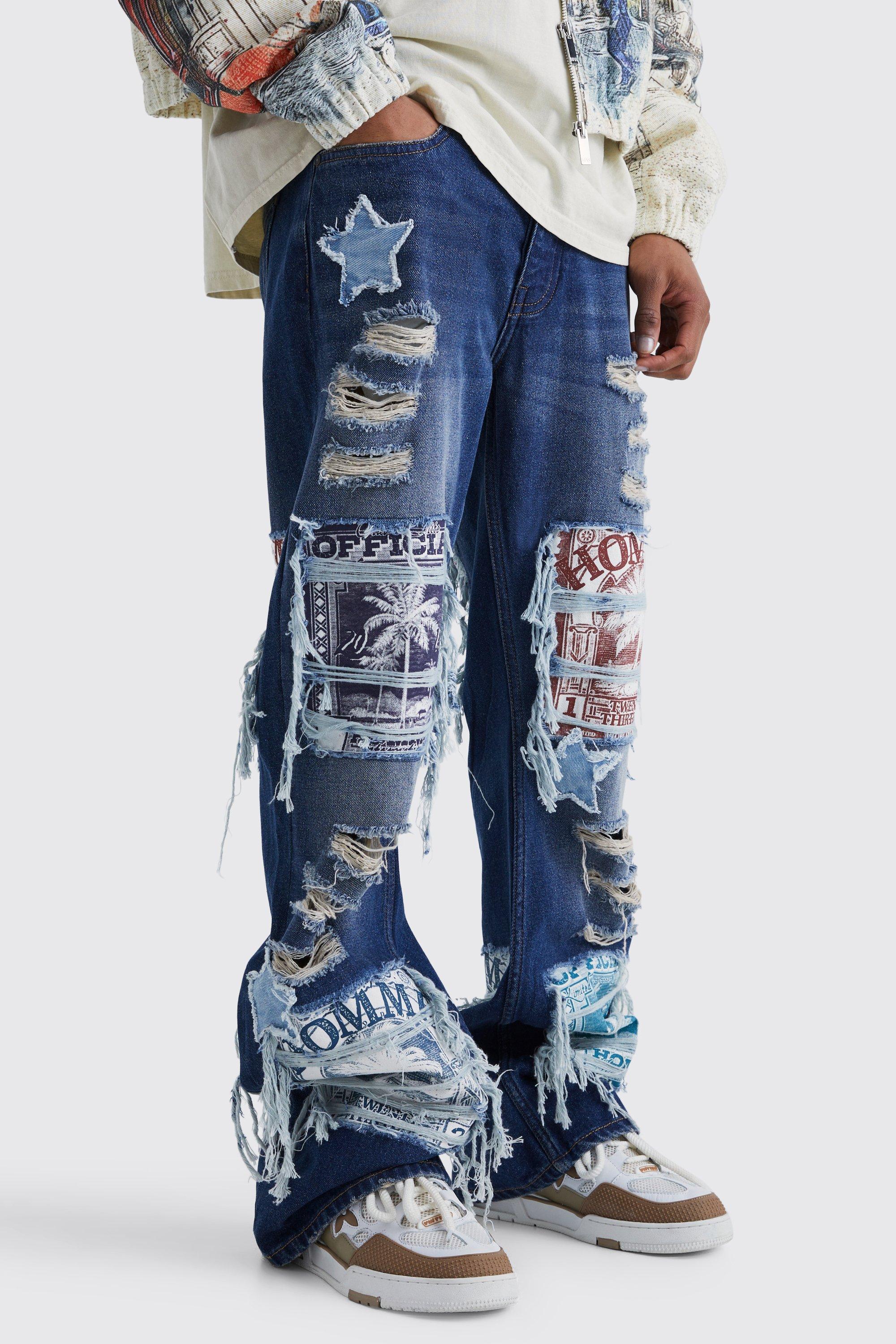 Image of Jeans rilassati in denim rigido con applique a zampa, Azzurro