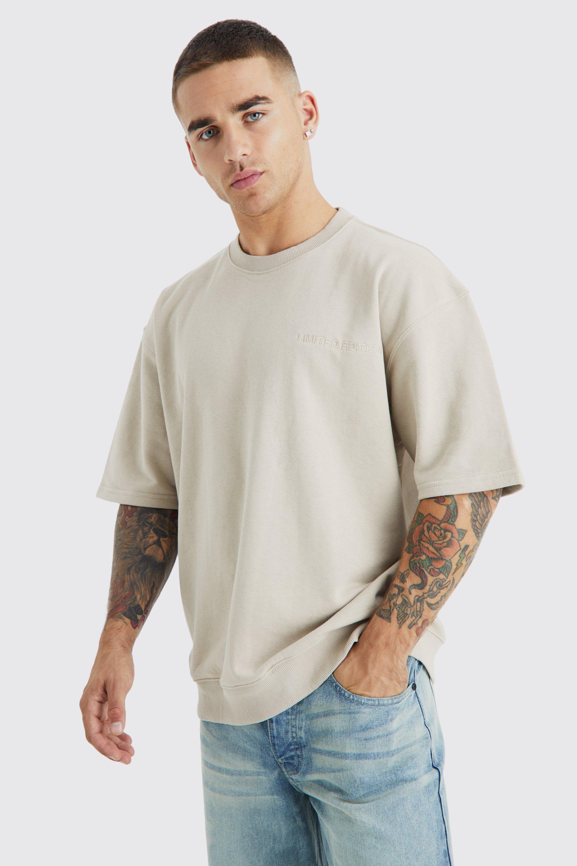 Mens Beige Short Sleeve Oversized Boxy Sweatshirt, Beige