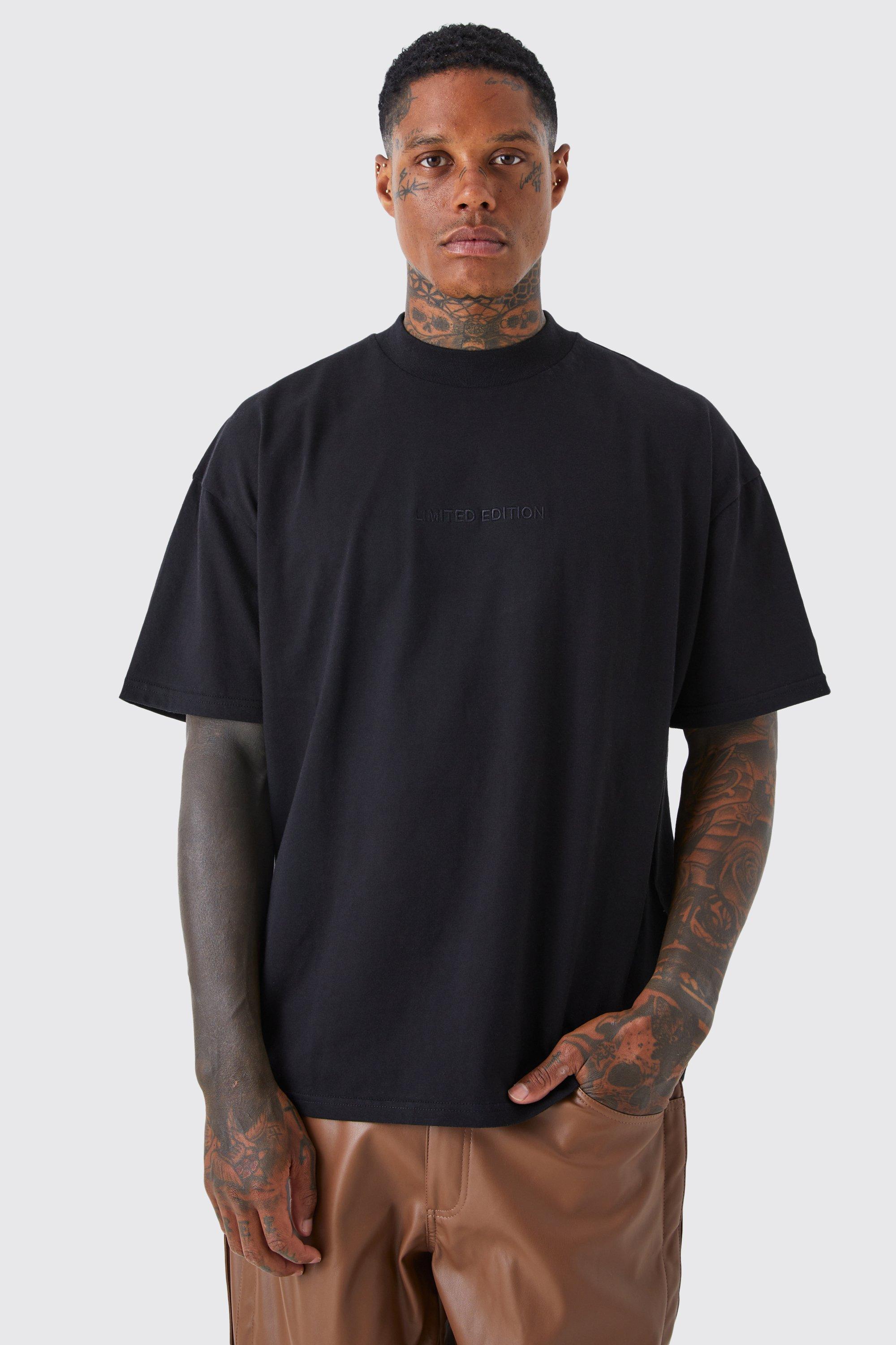 Mens Black Oversized Heavyweight Extended Neck T-shirt, Black