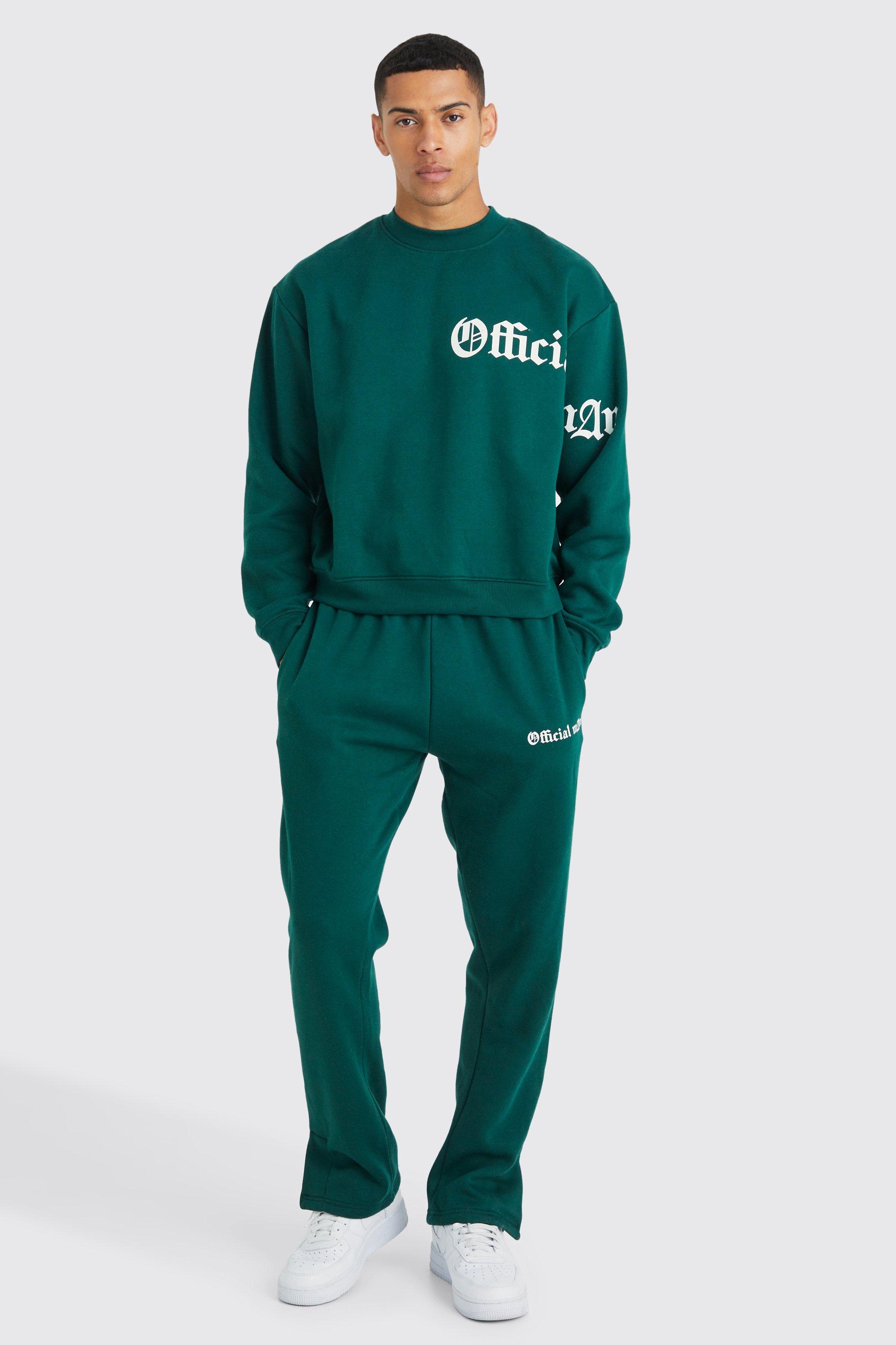 Mens Green Oversized Boxy Slogan Sweatshirt Tracksuit, Green