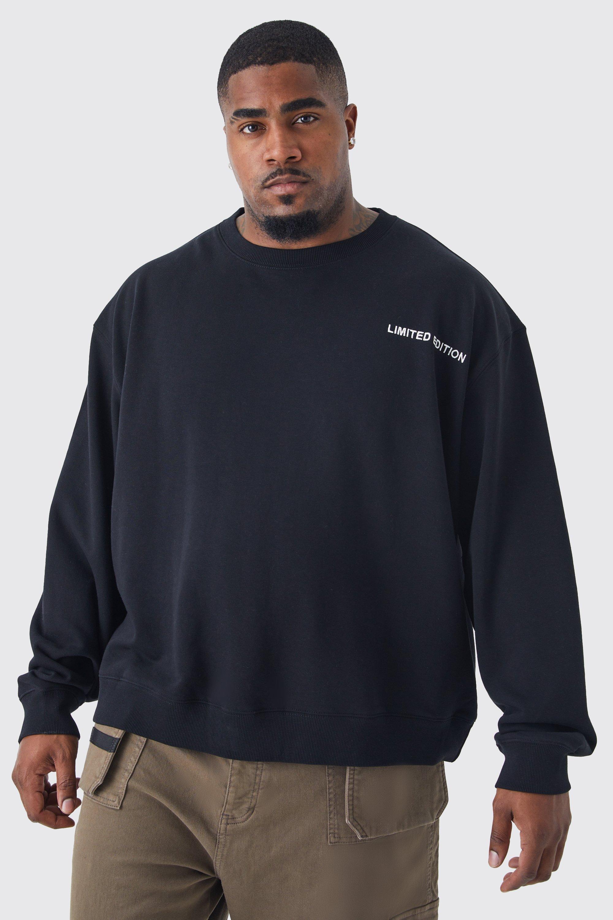 Mens Black Plus Oversized Boxy Loopback Sweatshirt, Black