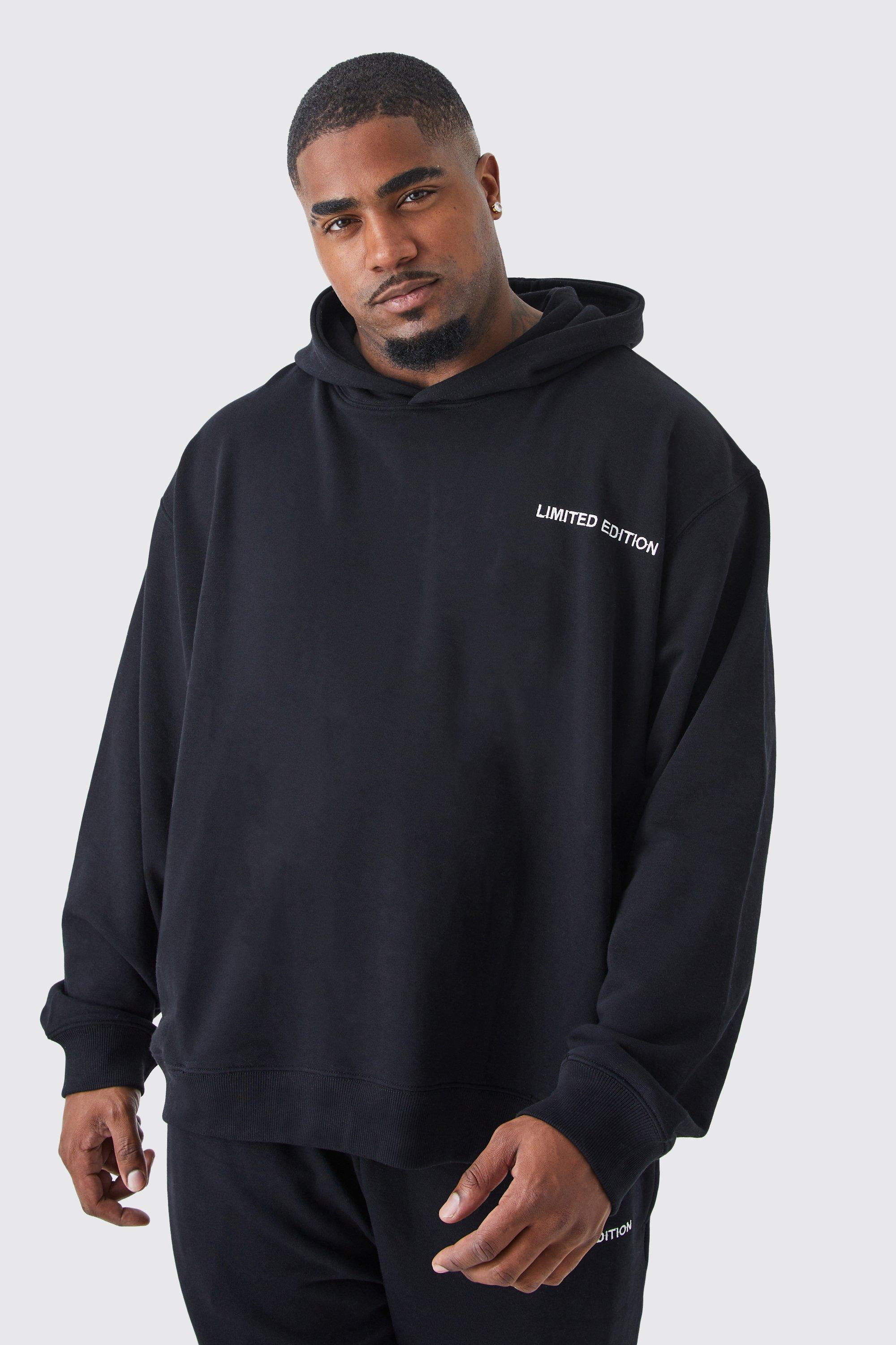 Mens Black Plus Oversized Boxy Loopback Hoodie, Black