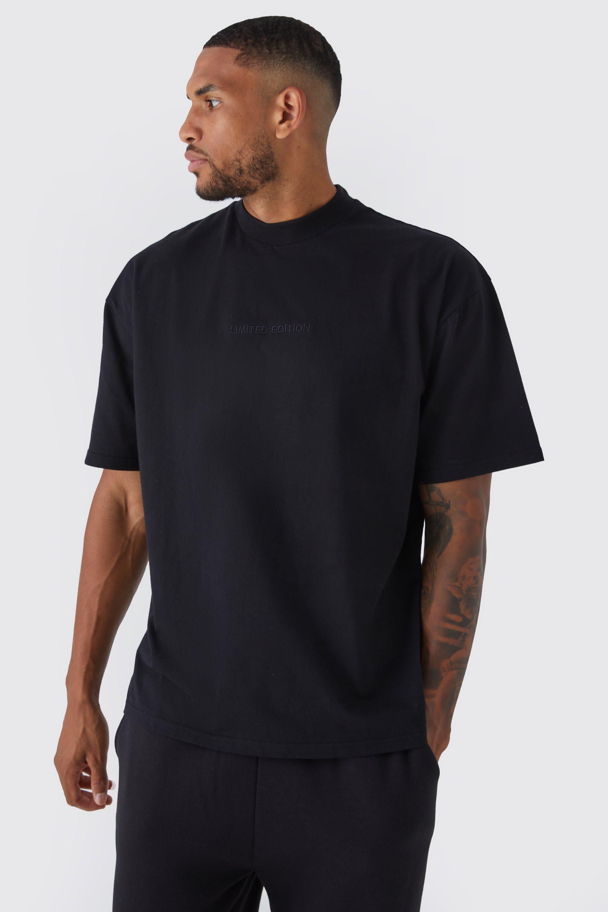Mens Black Tall Oversized Heavyweight Extended Neck T-shirt, Black