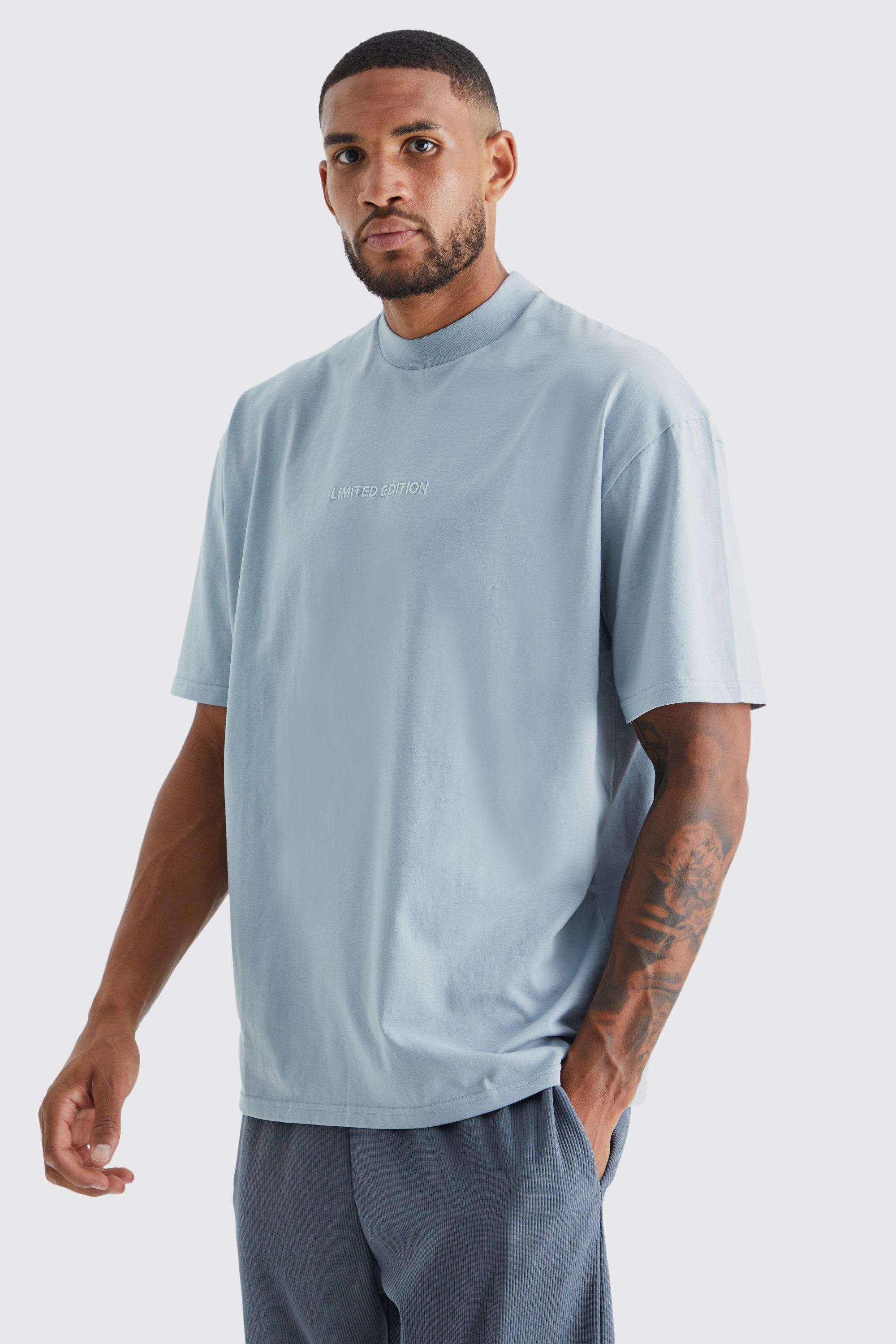 Mens Blue Tall Oversized Heavyweight Extended Neck T-shirt, Blue