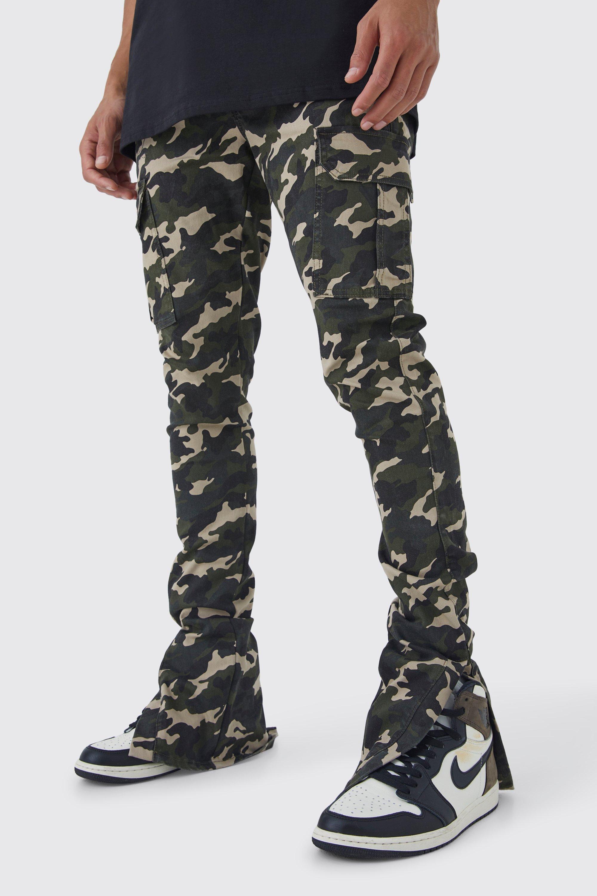 Image of Pantaloni Cargo Tall Skinny Fit in fantasia militare con pieghe sul fondo e spacco sul fondo, Verde
