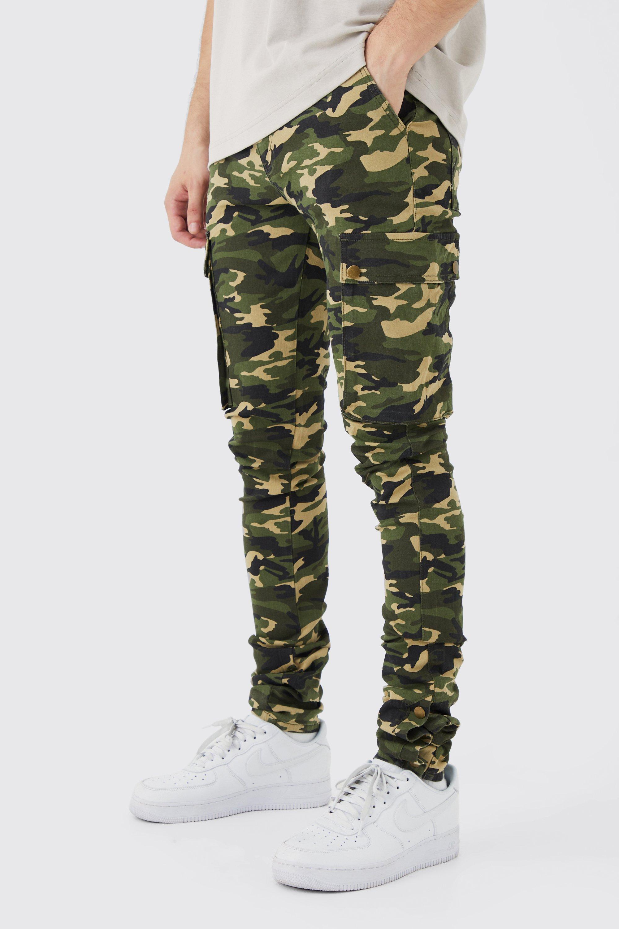 Image of Pantaloni Cargo Tall Skinny Fit in fantasia militare con pieghe sul fondo e bottoni a pressione sul fondo, Verde