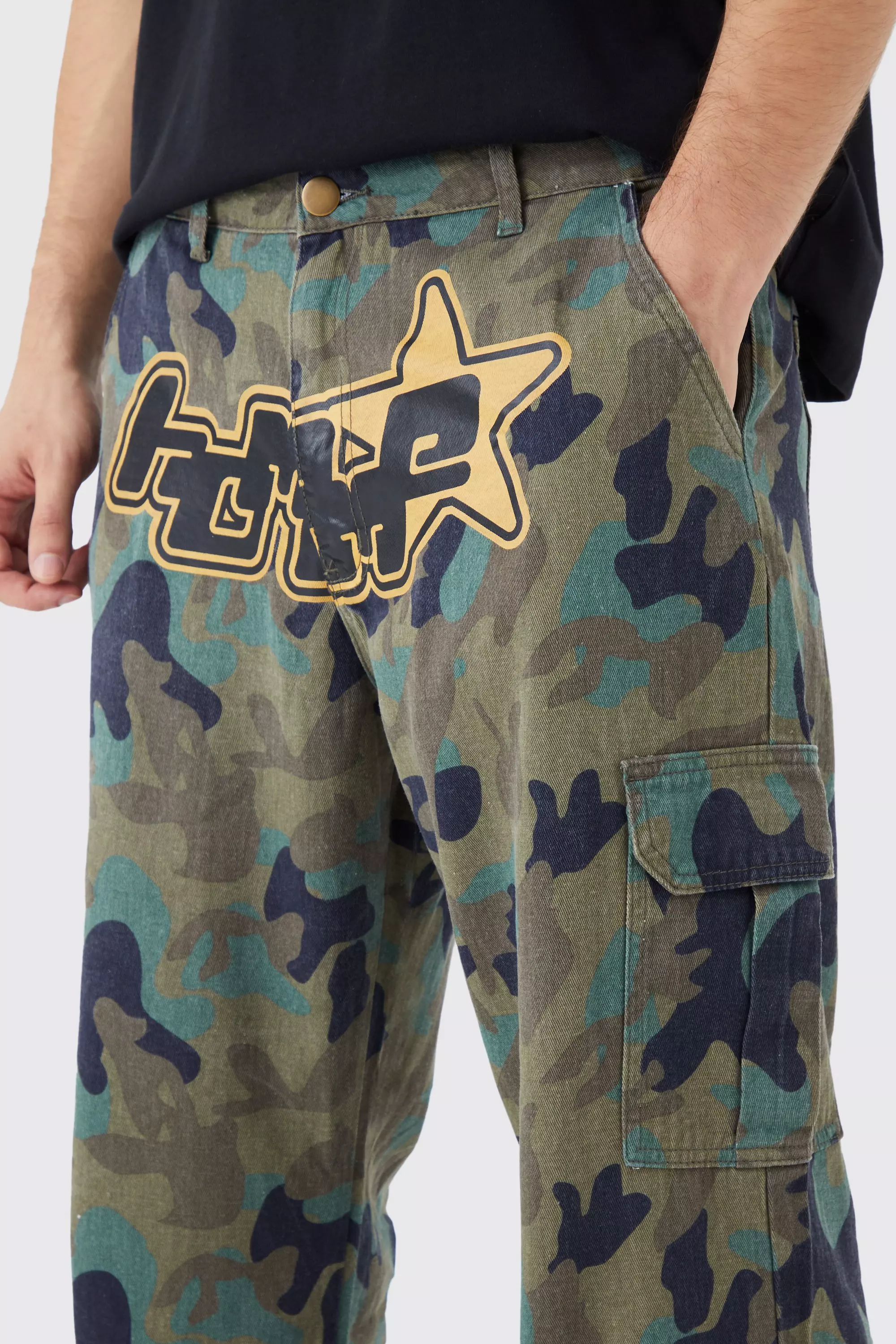 Tall Relaxed Crotch Print Tie Hem Camo Cargo Pants | boohooMAN USA