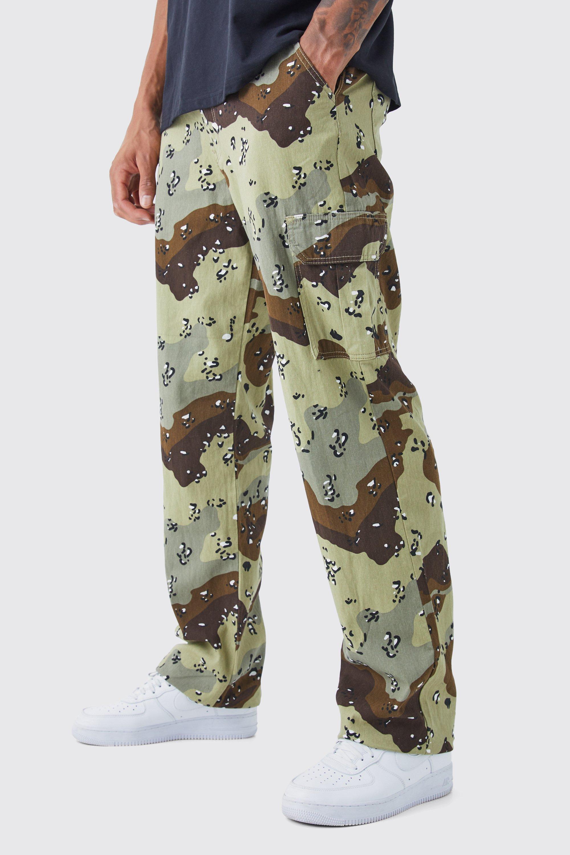 Mens Beige Tall Relaxed Tie Hem Camo Cargo Trouser, Beige