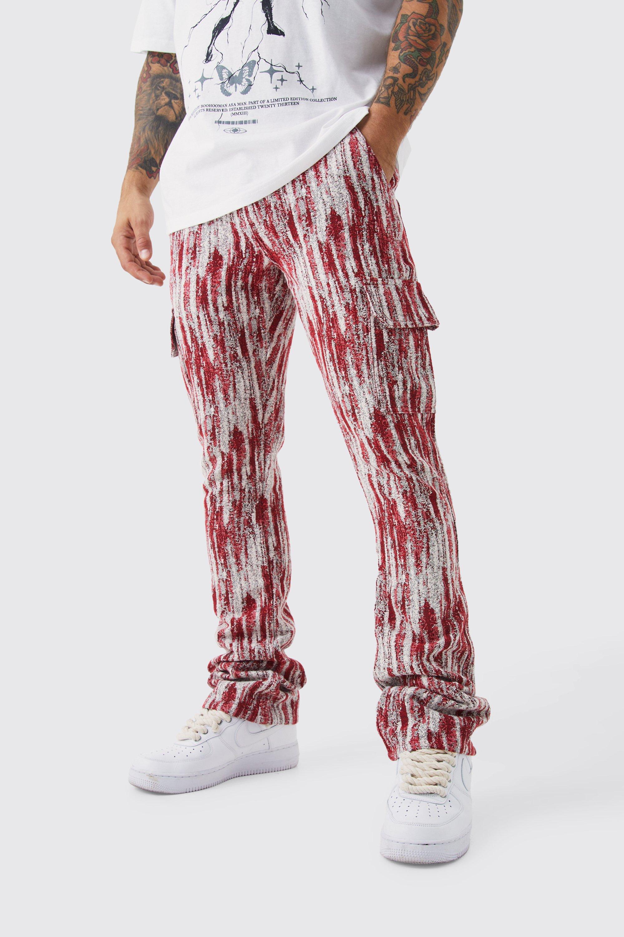 Mens Red Slim Flare Tapestry Cargo Trouser, Red