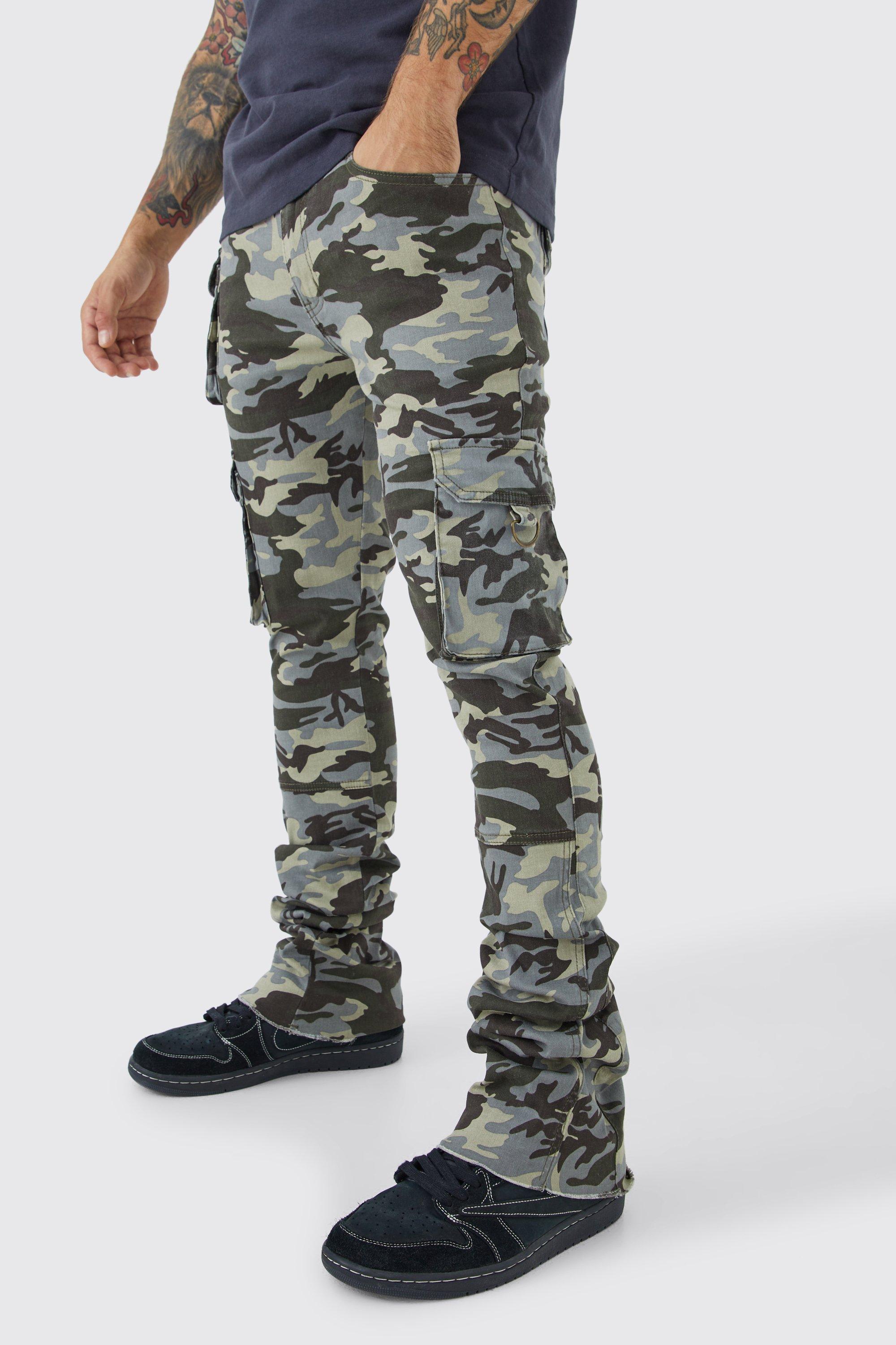 Mens Grey Skinny Stacked Flare Gusset Camo Cargo Trouser, Grey