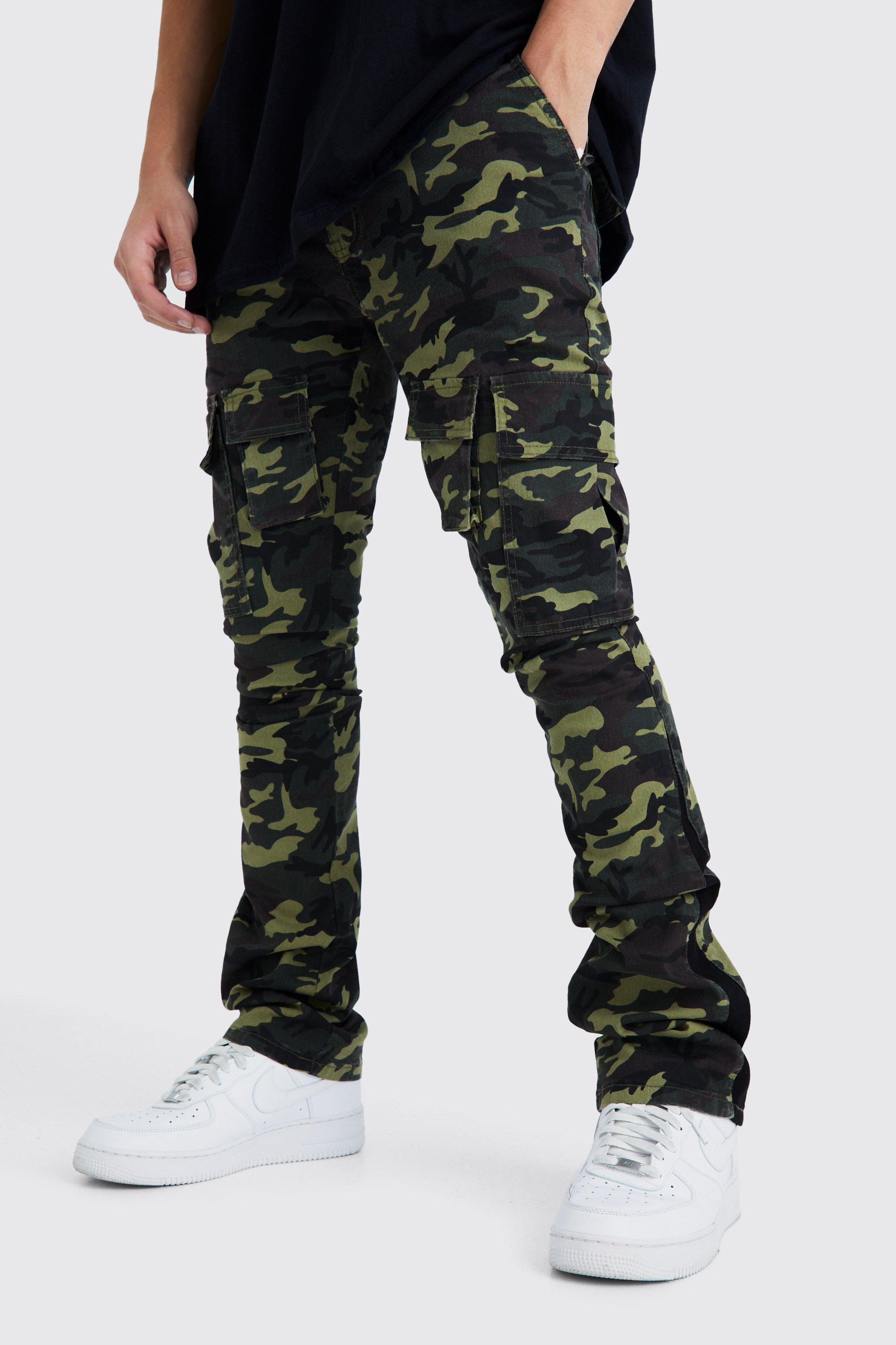 Mens Green Skinny Stacked Flare Gusset Camo Cargo Trouser, Green