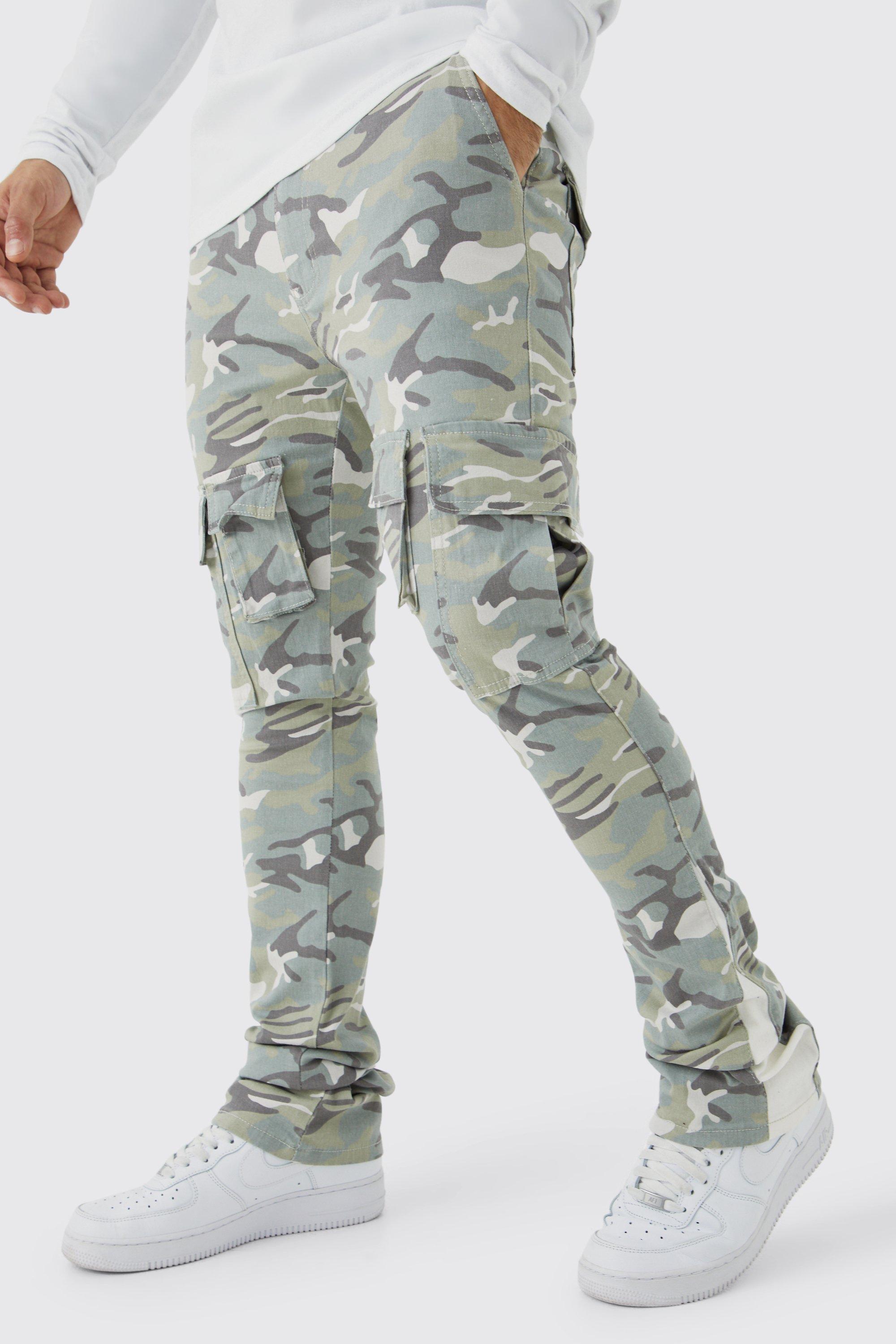 Mens Green Skinny Stacked Flare Gusset Camo Cargo Trouser, Green