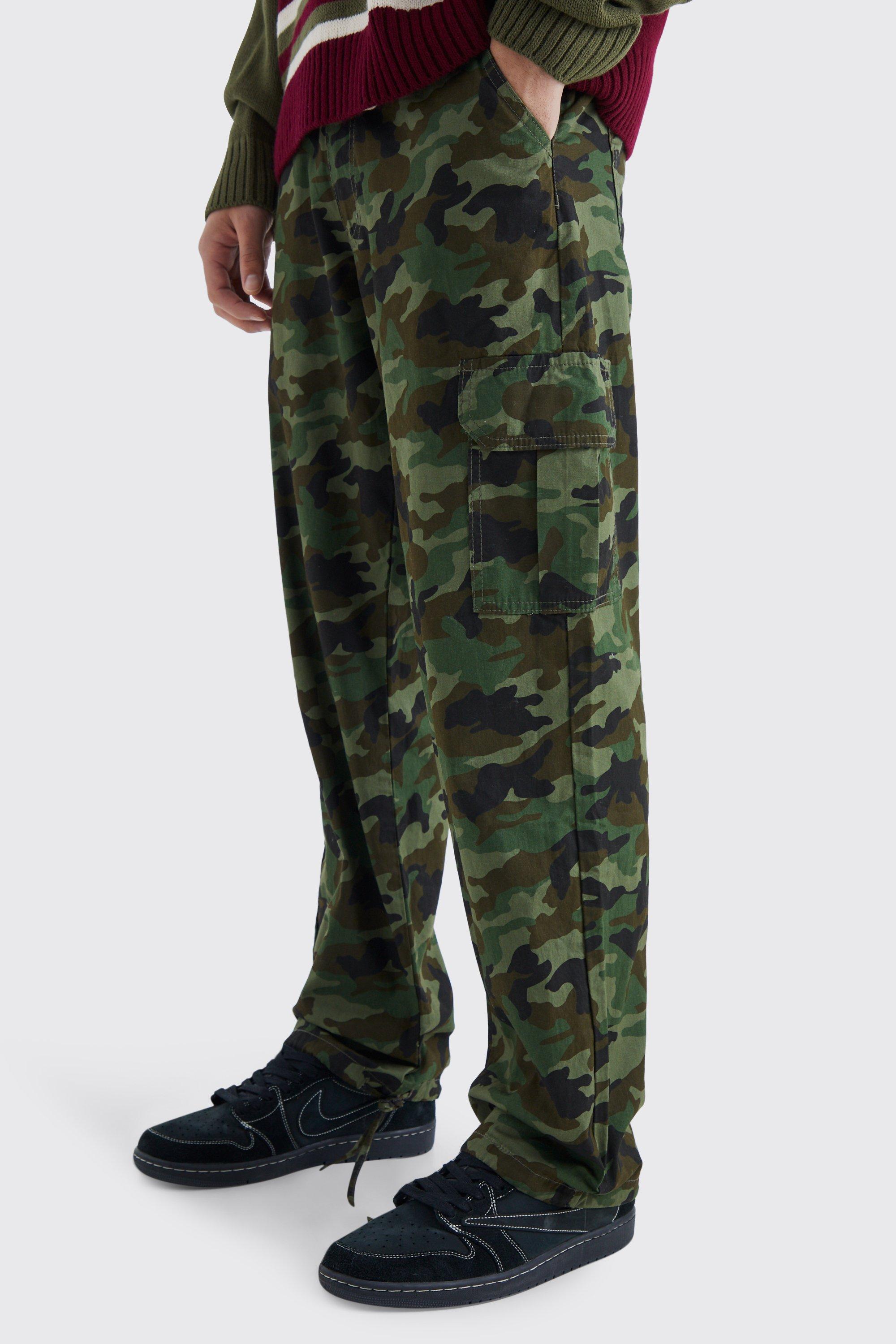 Image of Pantaloni Cargo rilassati in fantasia militare con laccetti sul fondo, Verde
