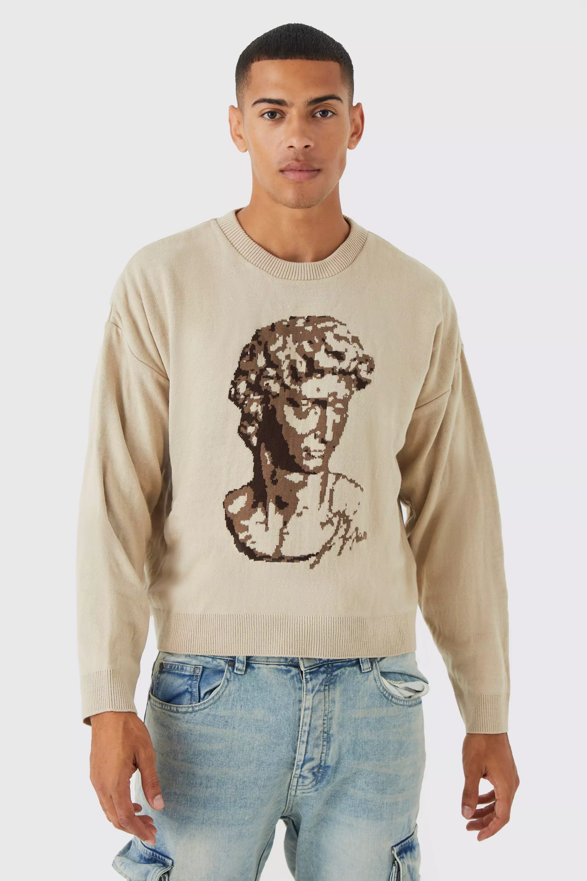 Boxy Drop Shoulder Graphic Knitted Jumper boohooMAN