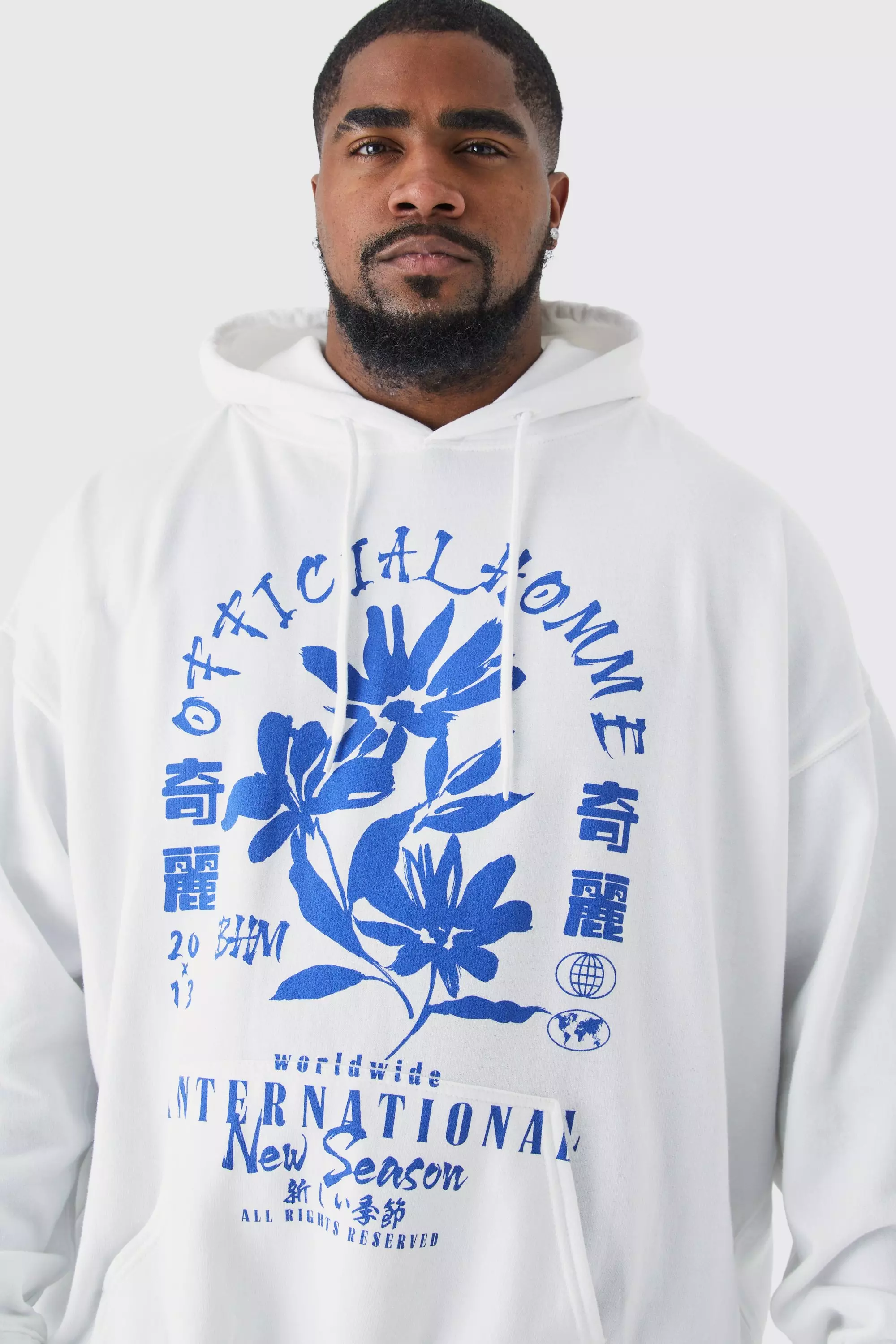 White hoodie with online blue writing