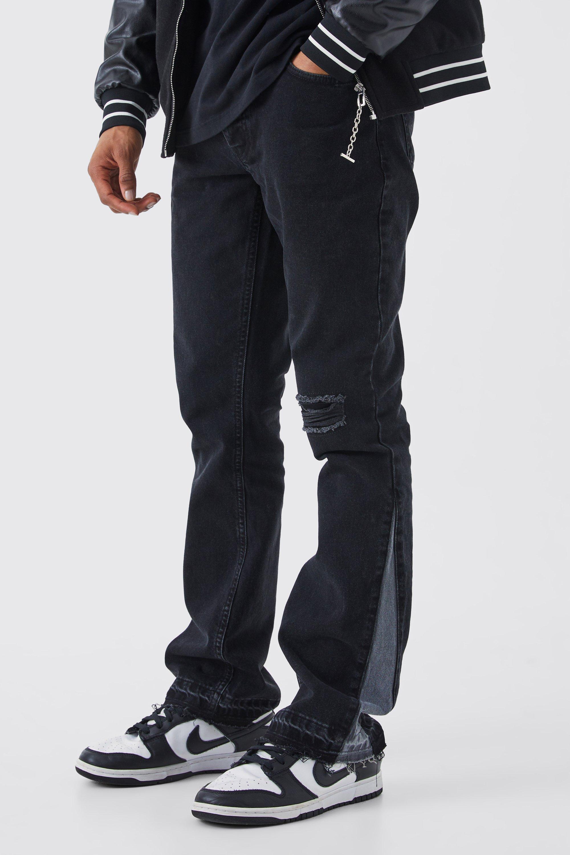 Mens Black Slim Rigid Flare Contrast Gusset Rip Jeans, Black