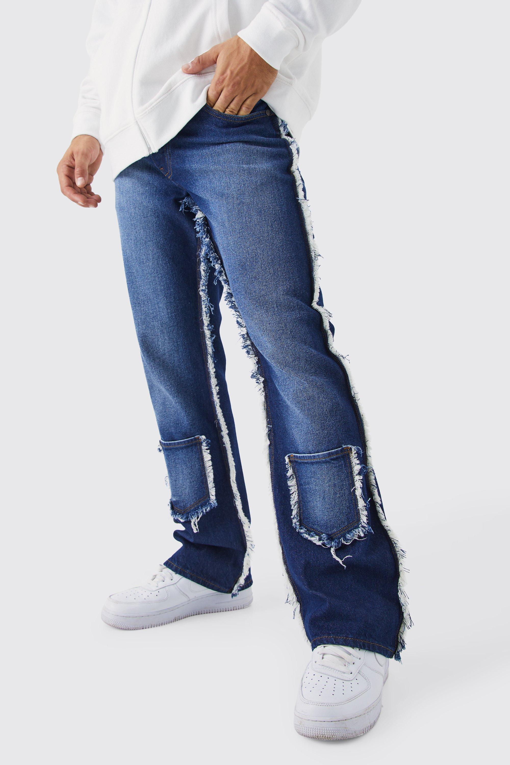 Mens Blue Relaxed Rigid Flare Frayed Seam Jeans, Blue