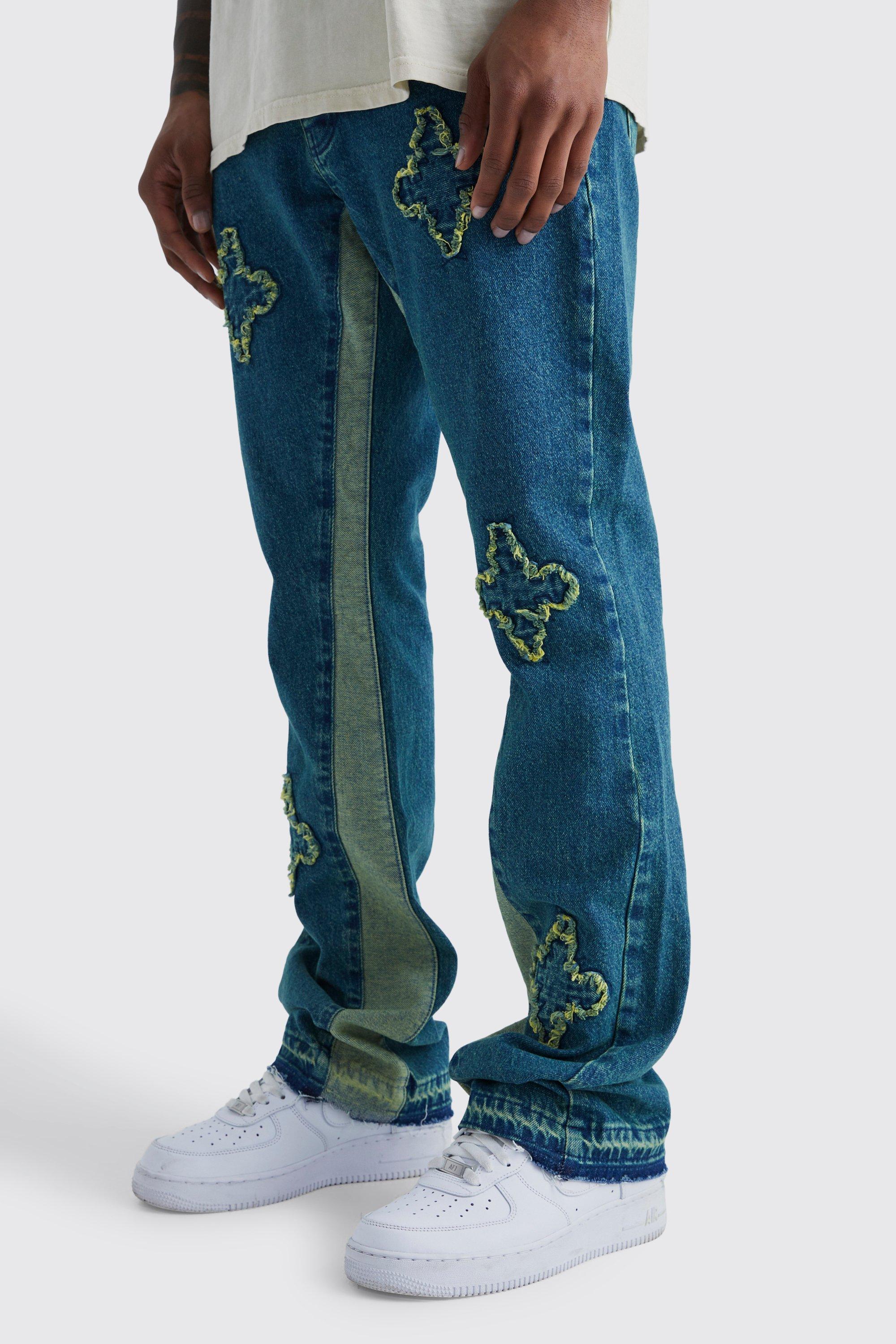 Image of Jeans Slim Fit in denim rigido sovratinti con applique a zampa e inserti, Verde